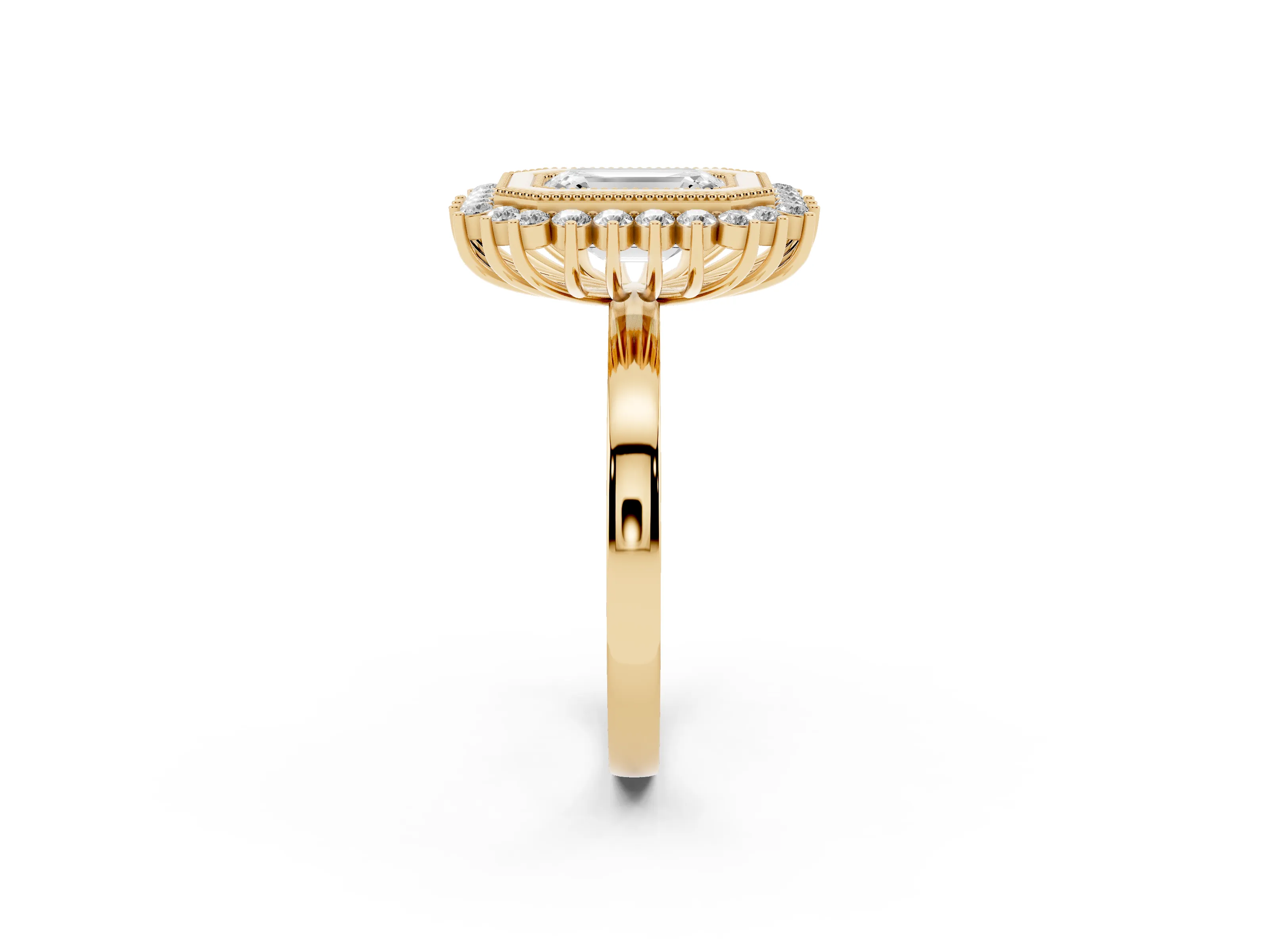Emerald Cut Diamond Halo Ring Set in Yellow gold with Milgrain Edge and Round Prong Setting
