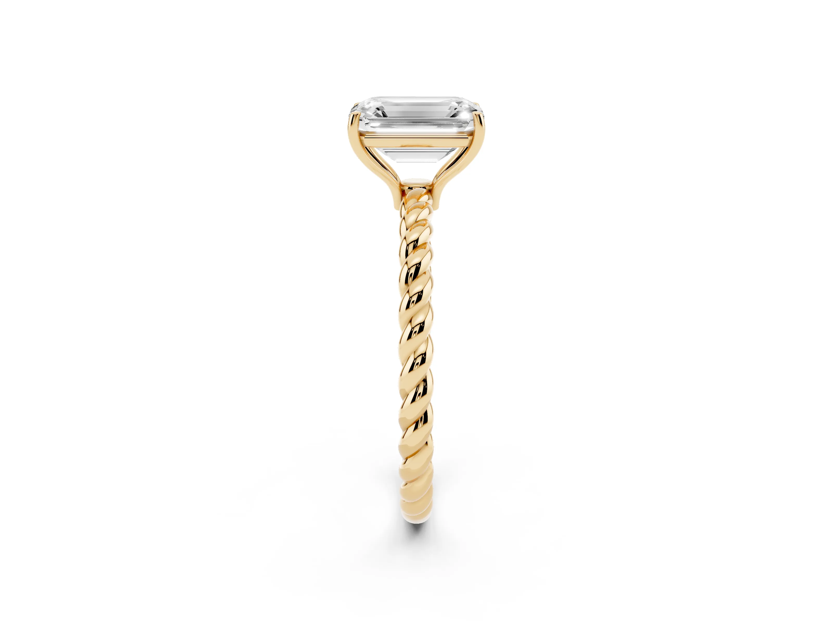 Emerald Cut Diamond Solitaire Ring Set in Yellow gold with Twist Band and Prong Setting