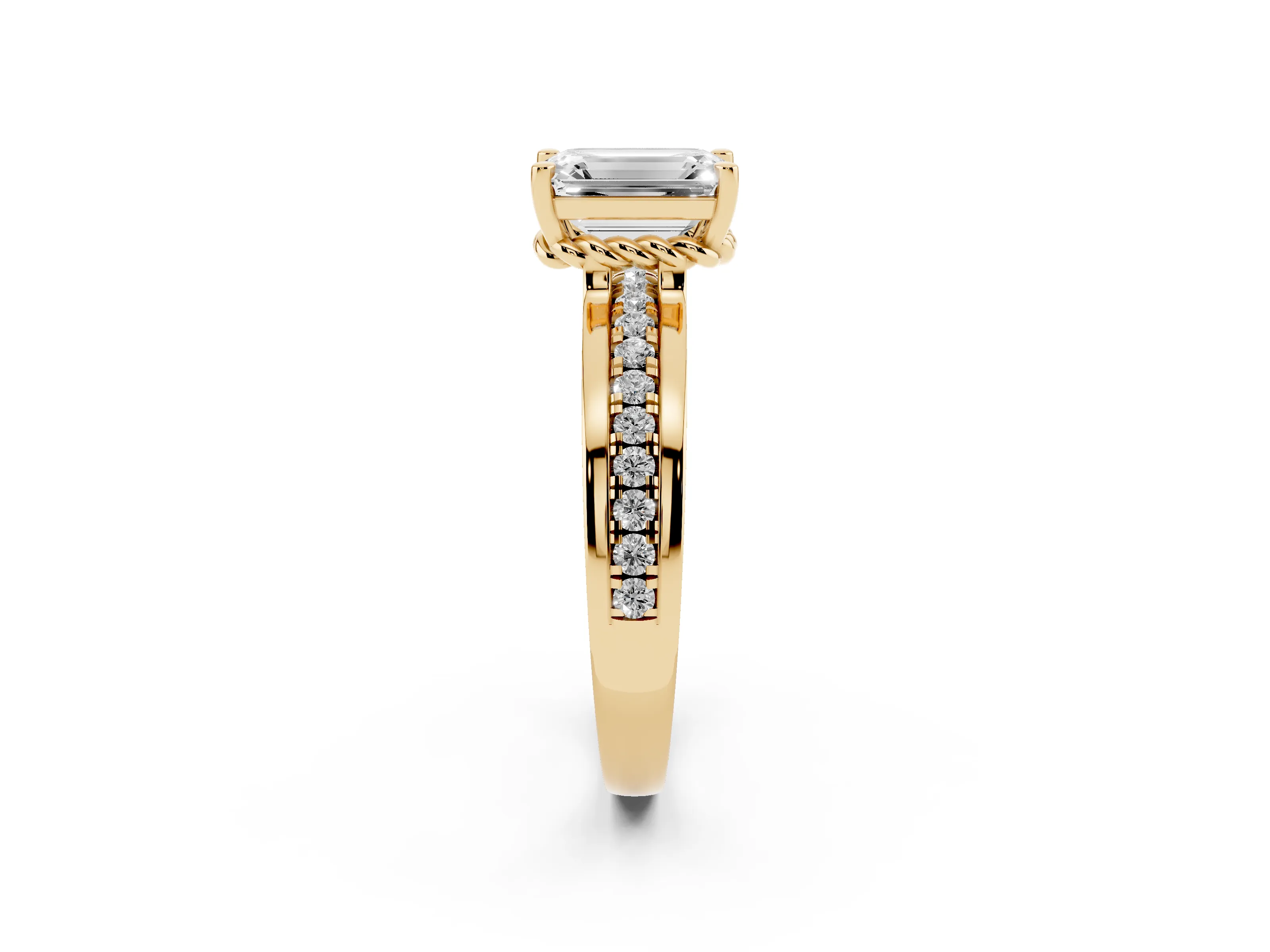 Emerald Cut Diamond Solitaire Ring Set in Yellow gold with Channel Set Band and Prong Setting