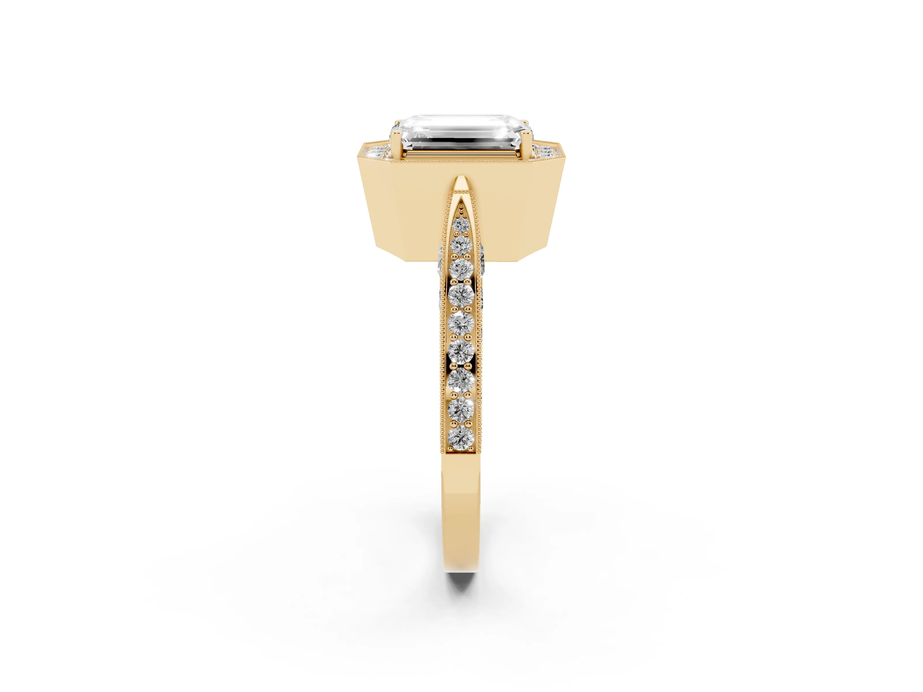 Emerald Cut Diamond Halo Engagement Ring Set in Yellow gold with Accent Split Shank Band