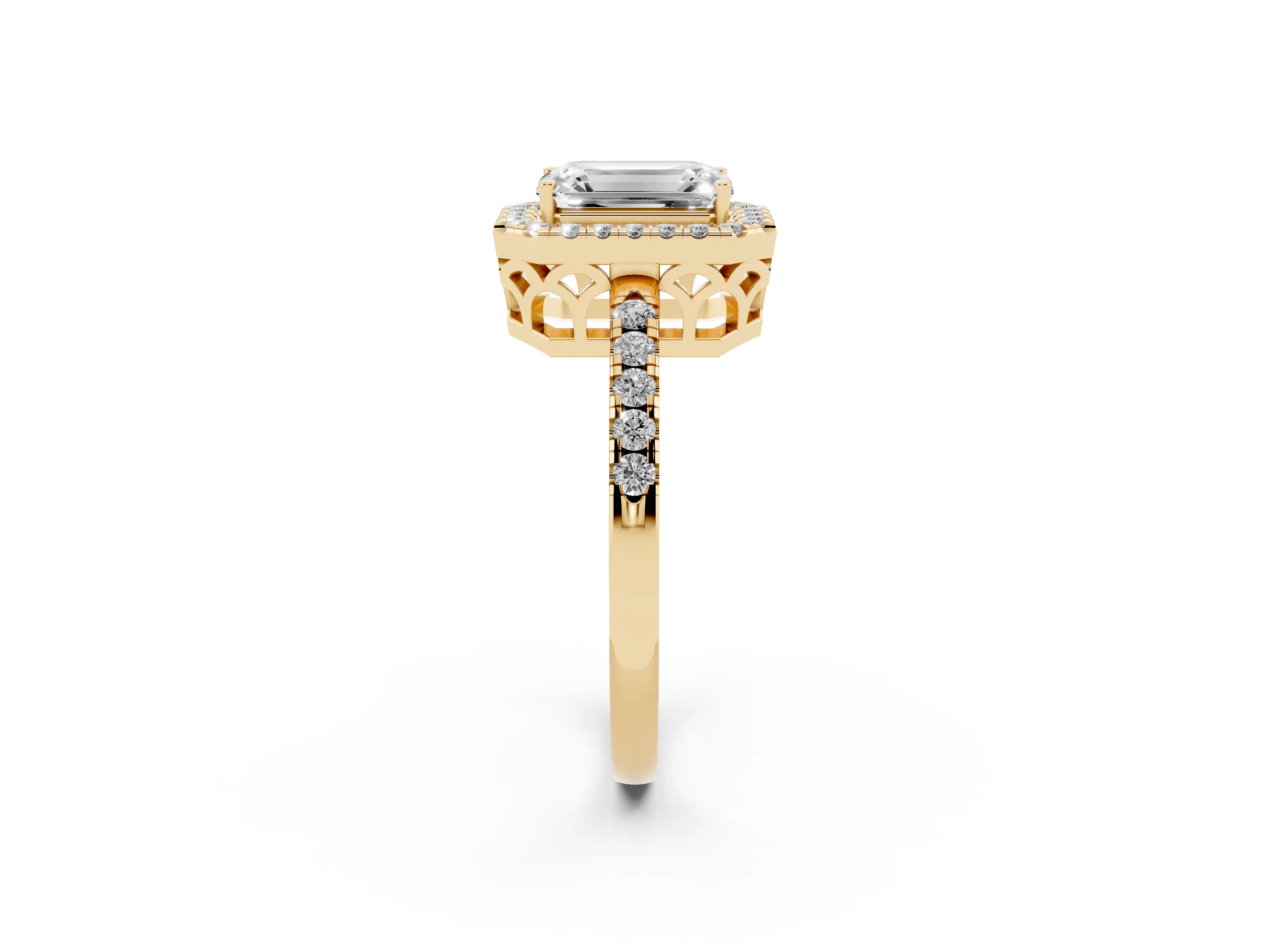 Emerald Cut Diamond Pavé Band Halo Engagement Ring Set in Yellow gold with Prong Setting