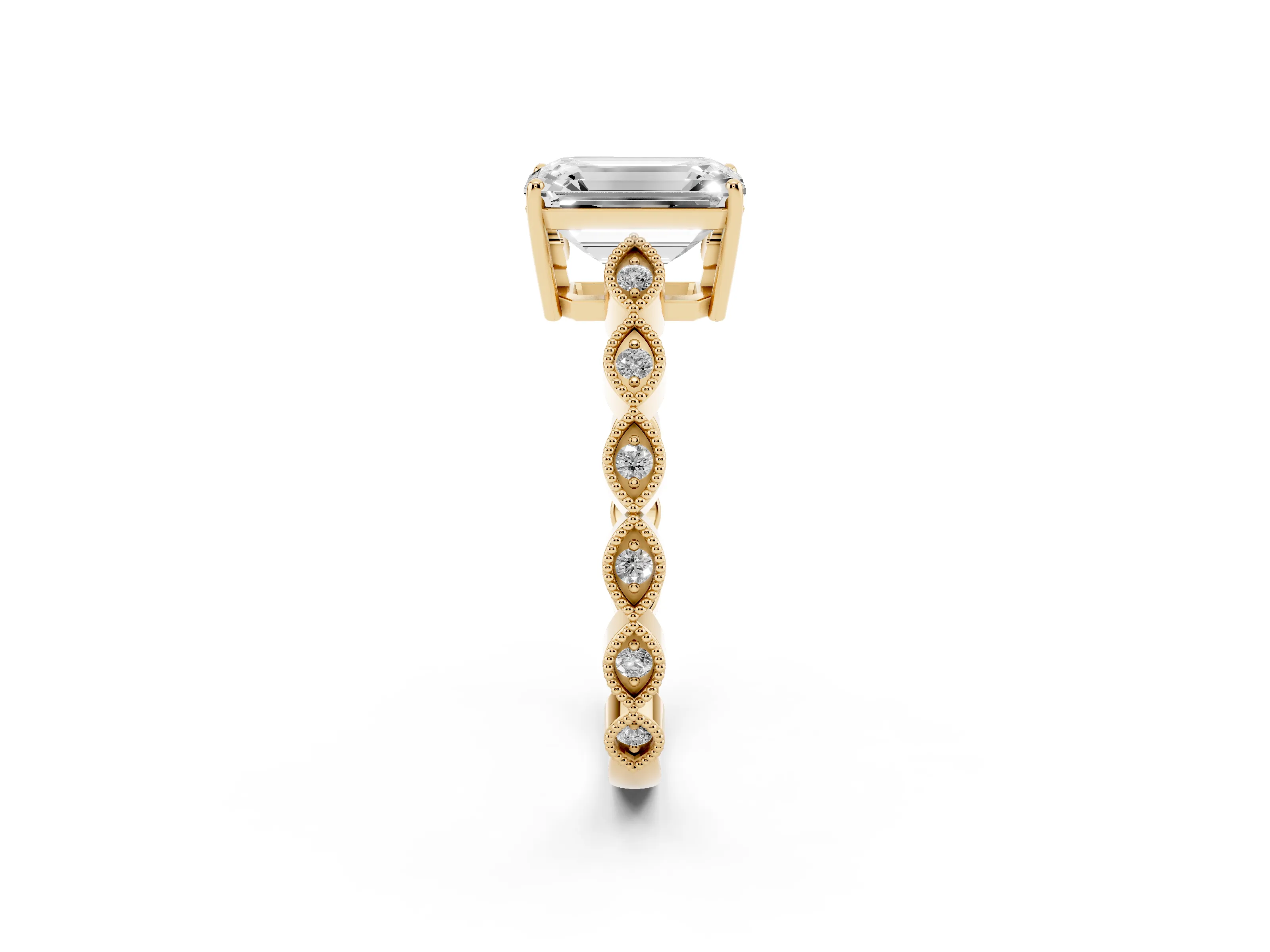 Emerald Cut Diamond Solitaire Ring Set in Yellow gold with Infinity Twist Pavé Band