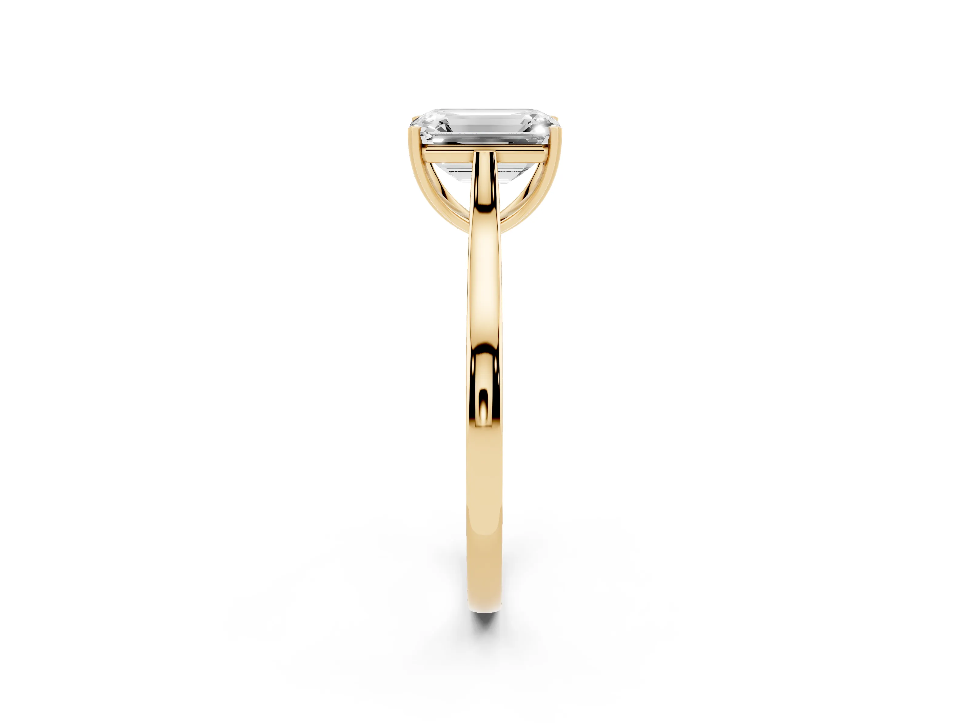 Emerald Cut Diamond Solitaire Heart Prong Engagement Ring Set in Yellow gold with Tapered Band