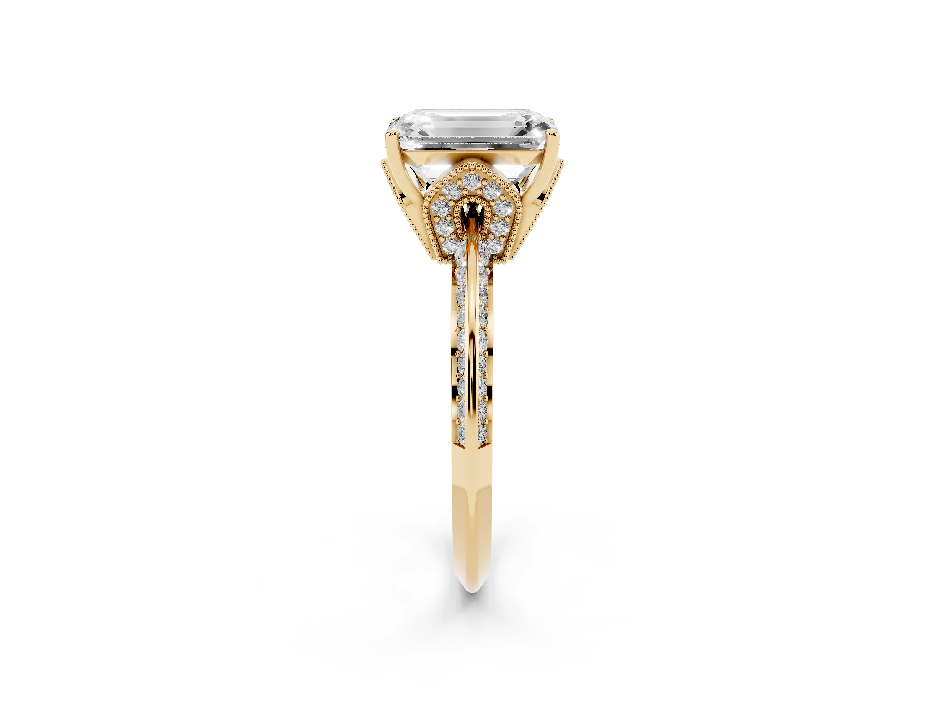 Emerald Cut Diamond Solitaire Engagement Ring Set in Yellow gold with Pavé Split Shank and Prong Setting