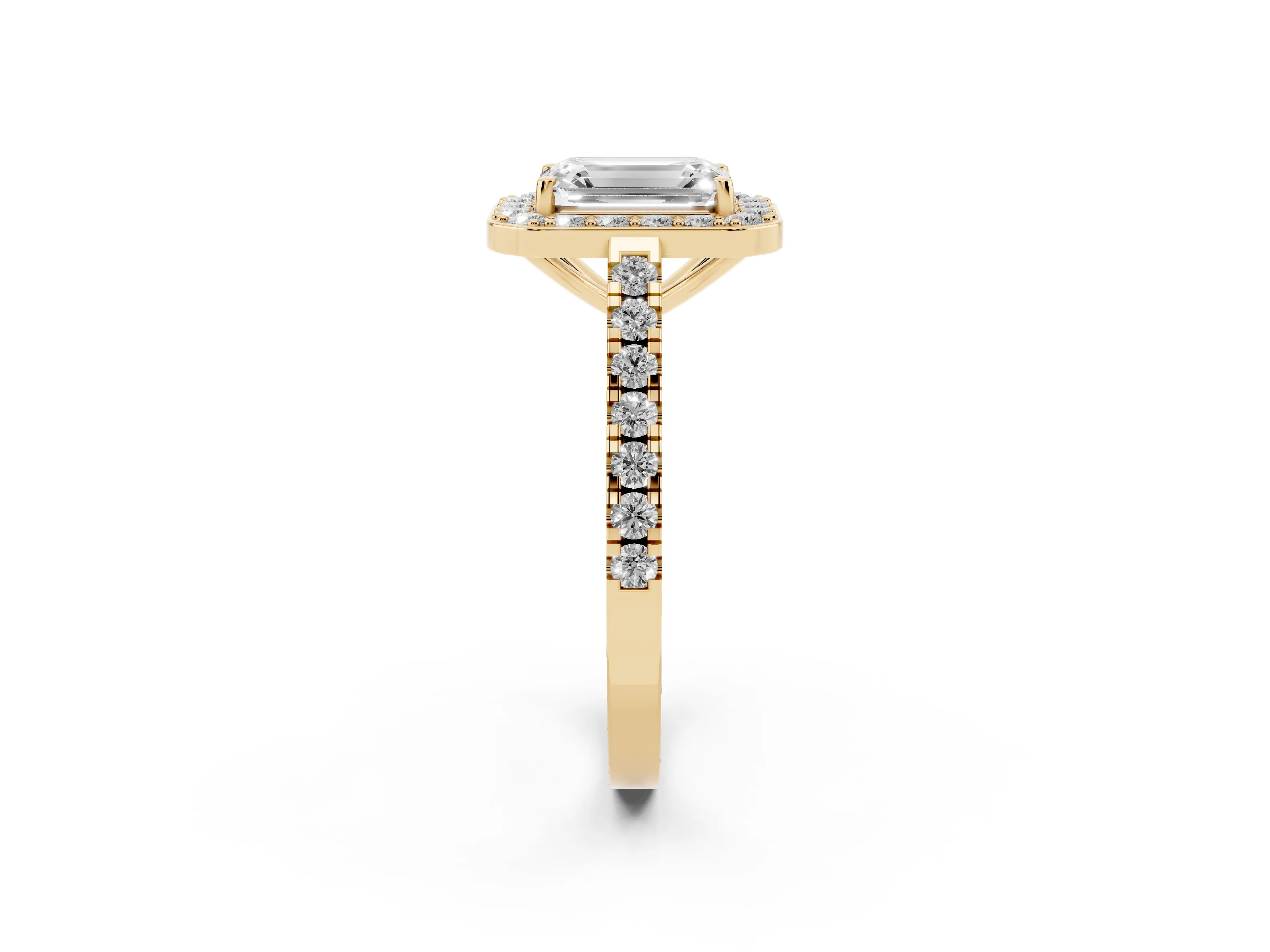 Emerald Cut Diamond Halo Ring Set in Yellow gold with Round Pavé Split Shank and Prong Setting