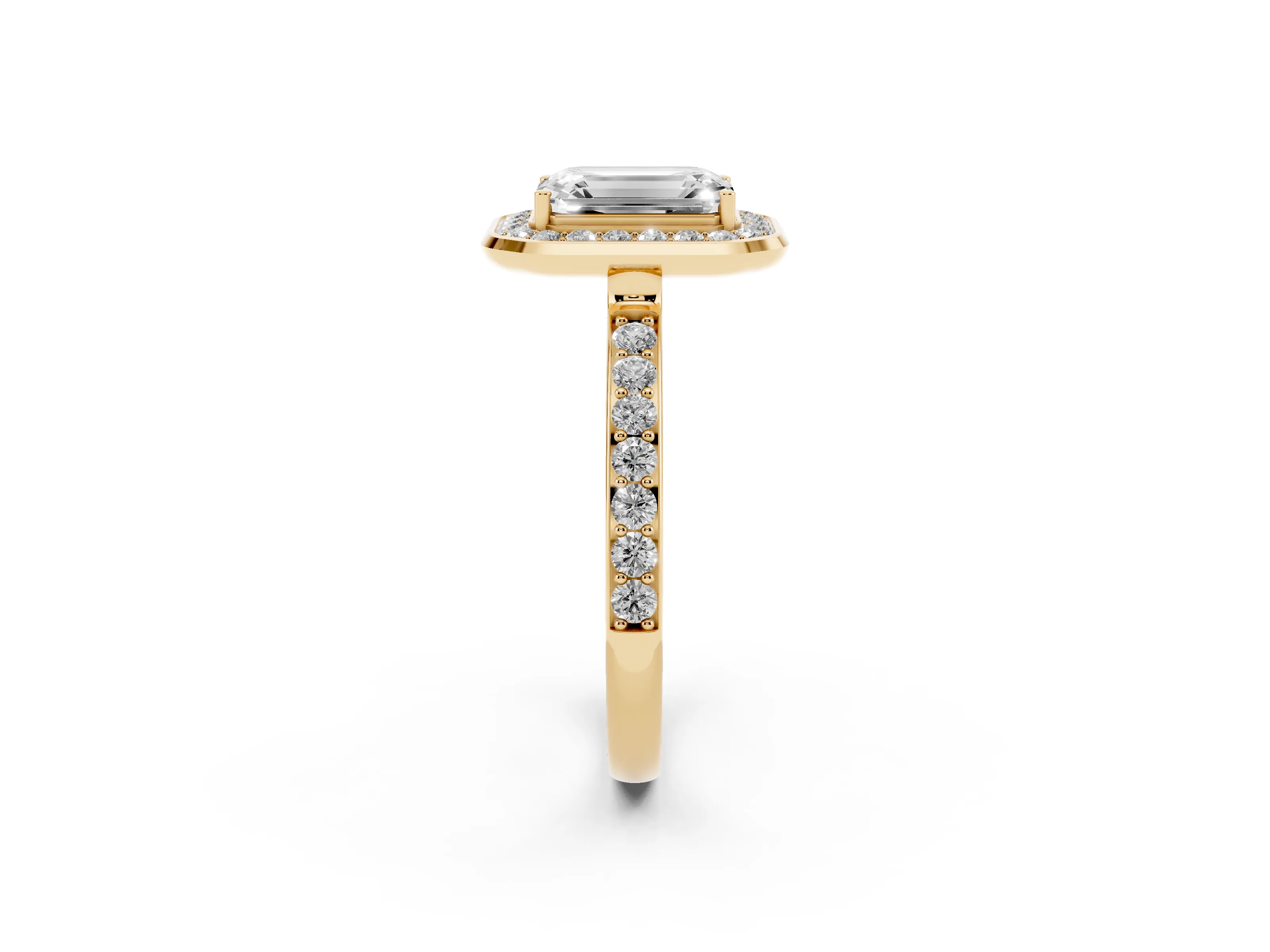Emerald Cut Diamond Halo Ring Set in Yellow gold with Bezel Frame and Pavé Band