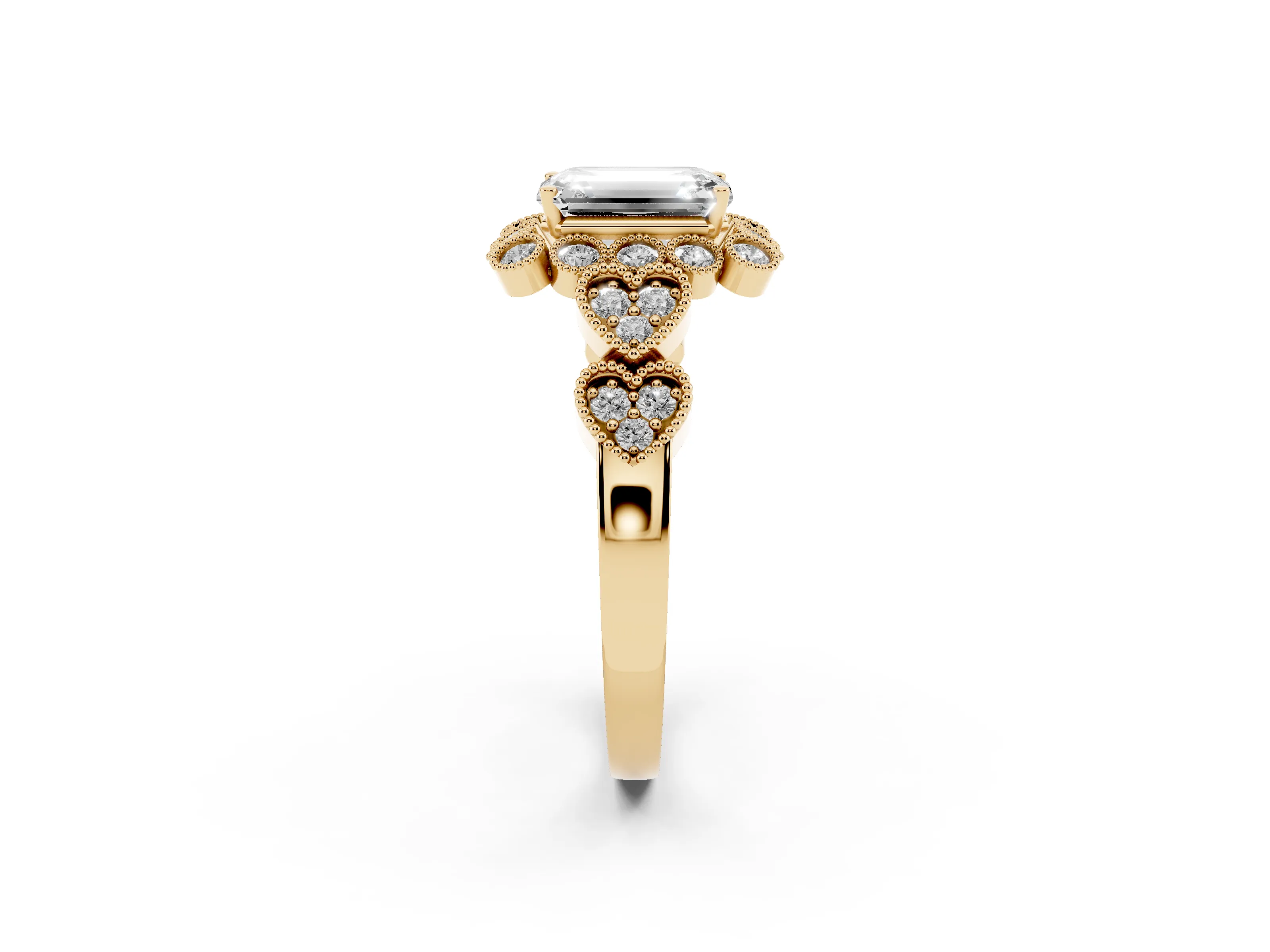 Emerald Cut Diamond Solitaire Ring Set in Yellow gold with Milgrain Pavé Heart Band