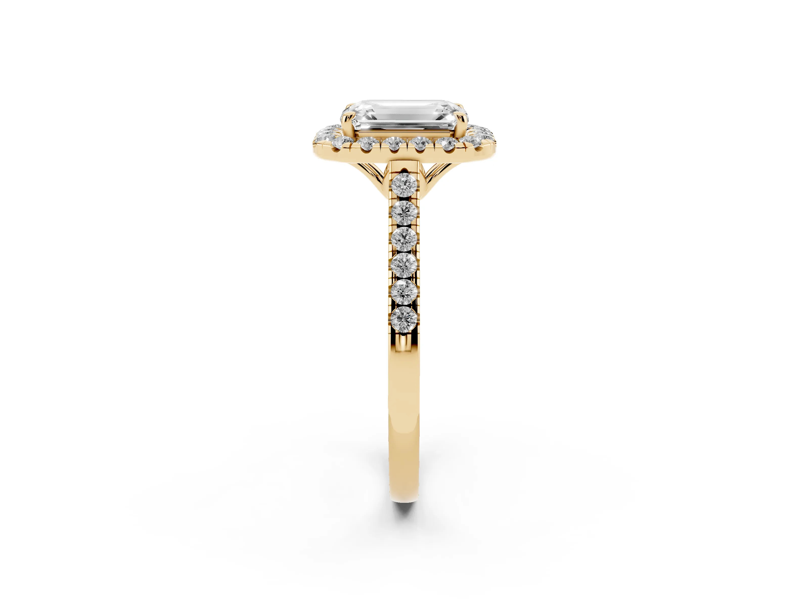 Emerald Cut Diamond Pavé Halo Engagement Ring Set in Yellow gold with Pavé Band and Prong Setting
