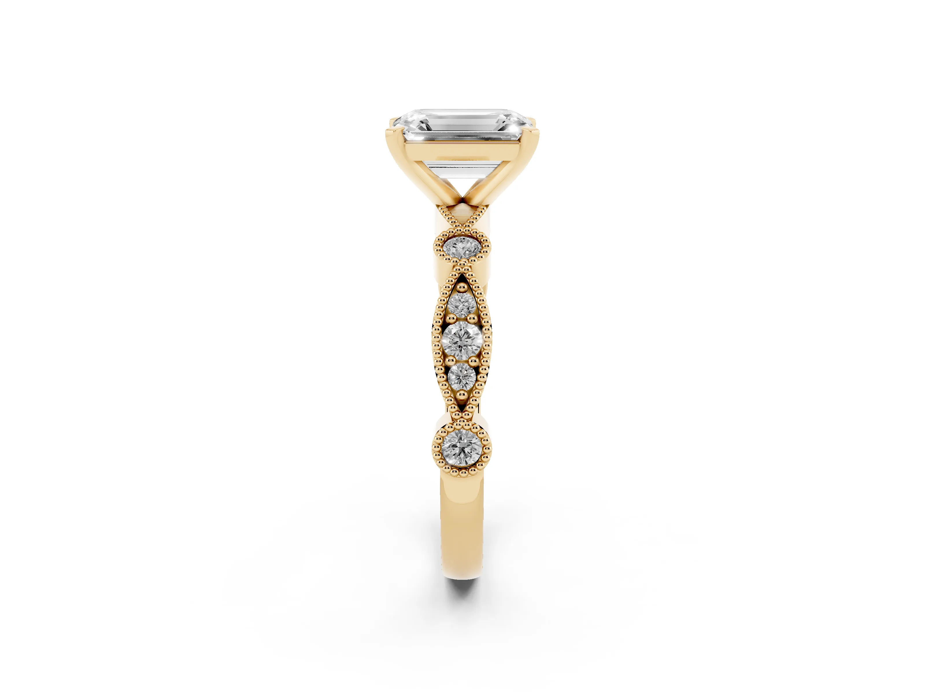 Emerald Cut Diamond Solitaire Engagement Ring Set in Yellow gold with Milgrain Bezel Accent Band