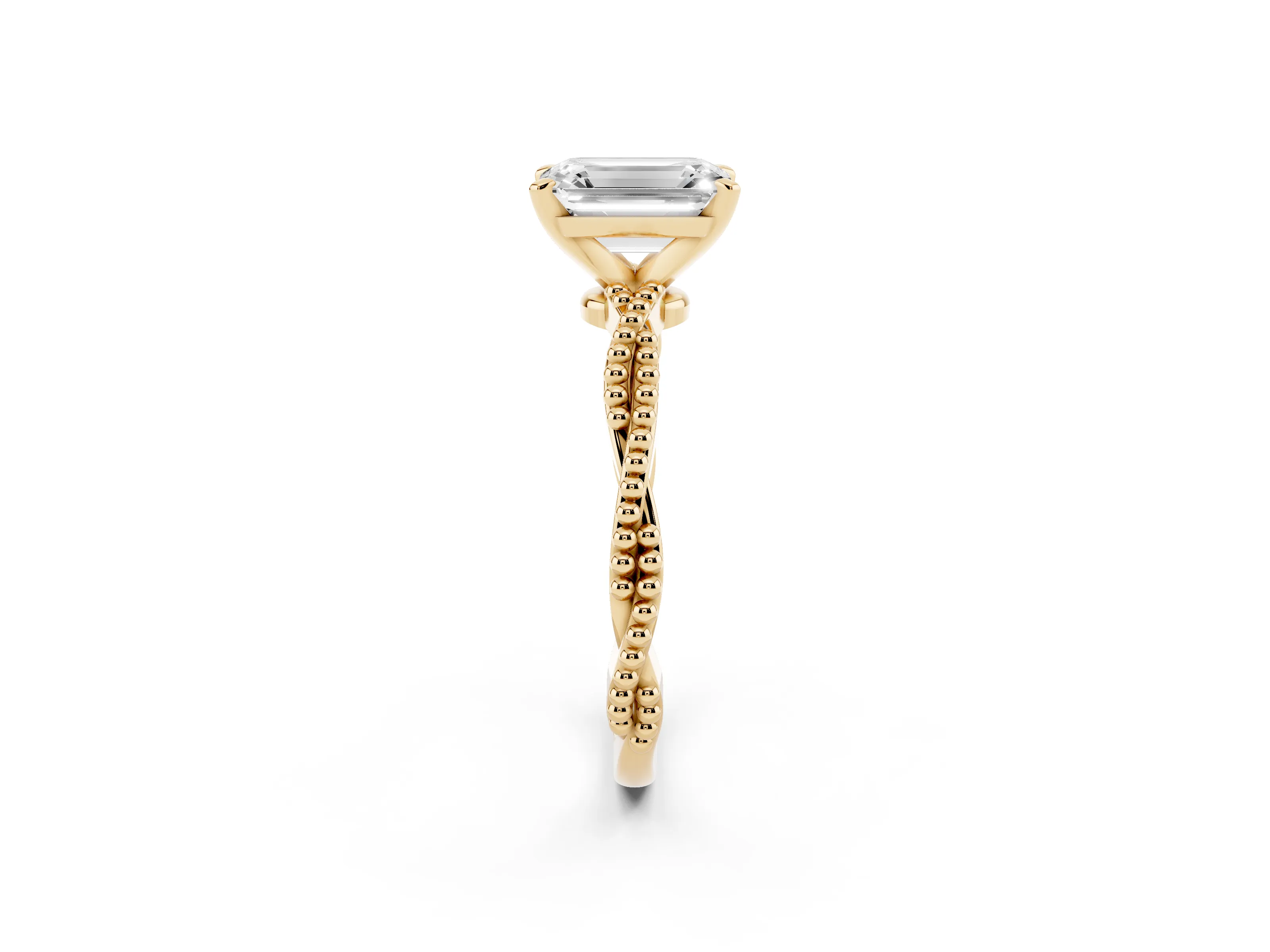 Emerald Cut Diamond Solitaire Ring Set in Yellow gold with Twisted Band and Bead Prong Setting