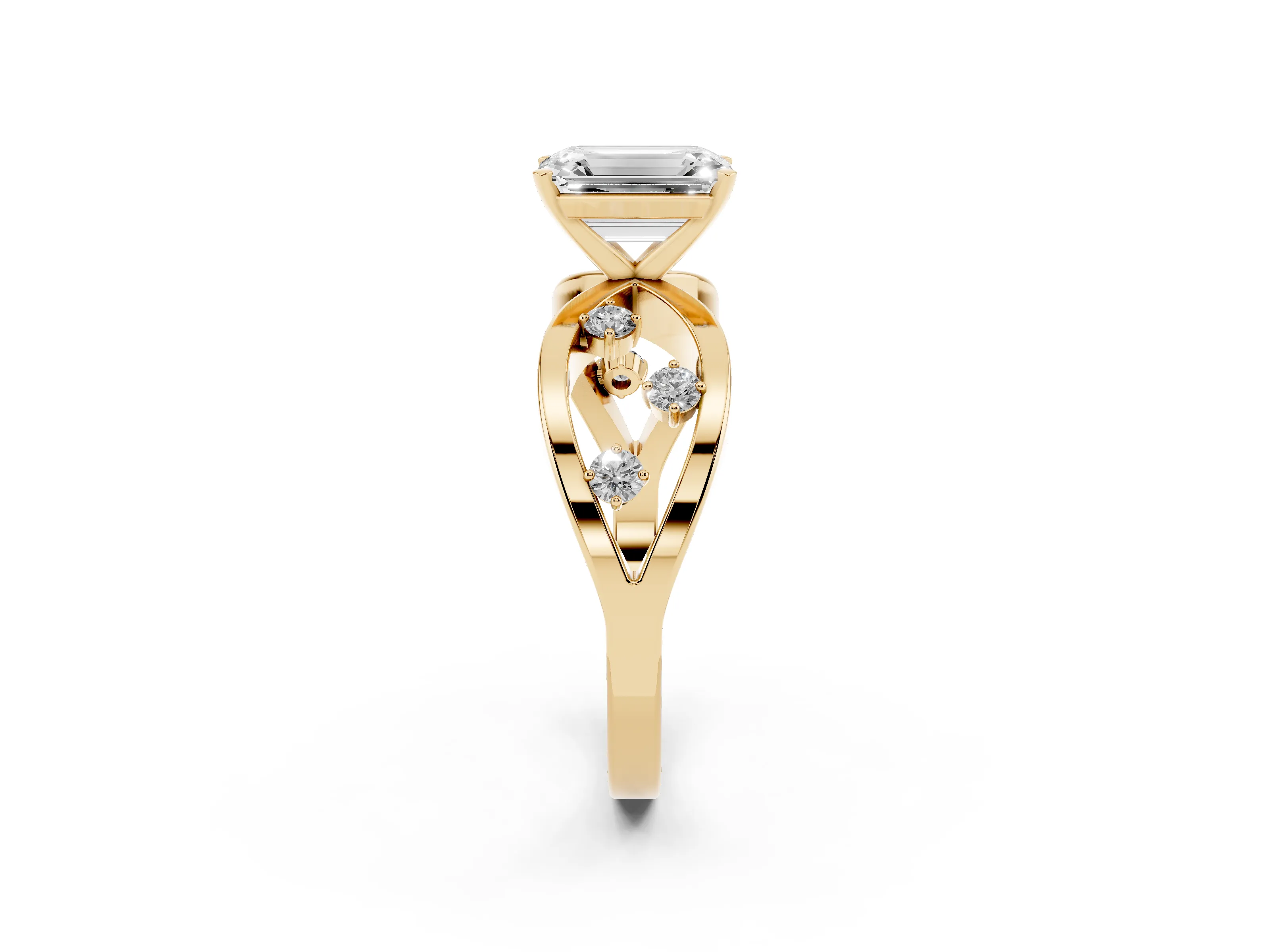 Emerald Cut Diamond Solitaire Ring Set in Yellow gold with Side Stones on Criss-Cross Band and Prong Setting