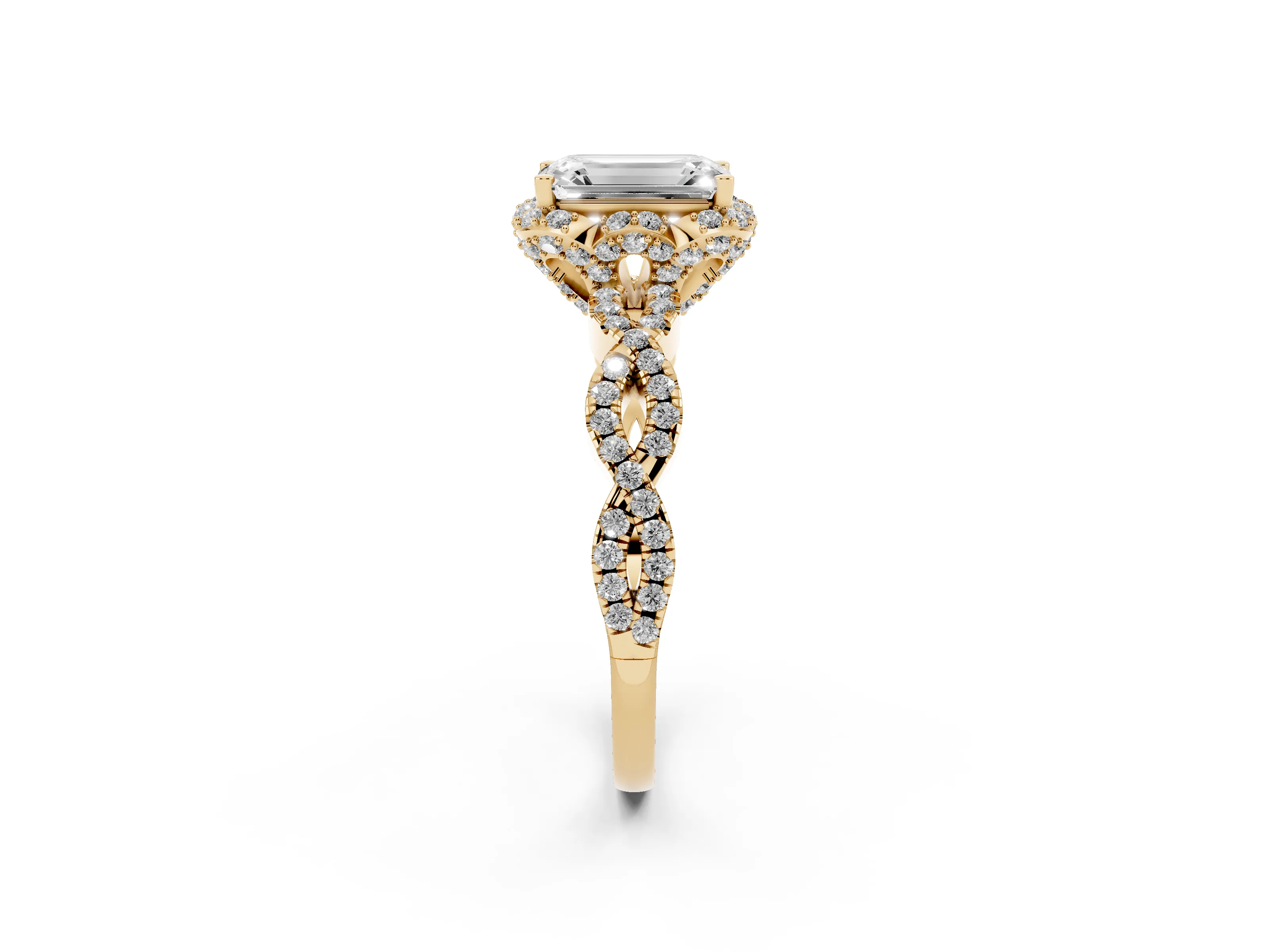 Emerald Cut Diamond Halo Twist Band Solitaire Ring Set in Yellow gold with Prong-Set Center Stone