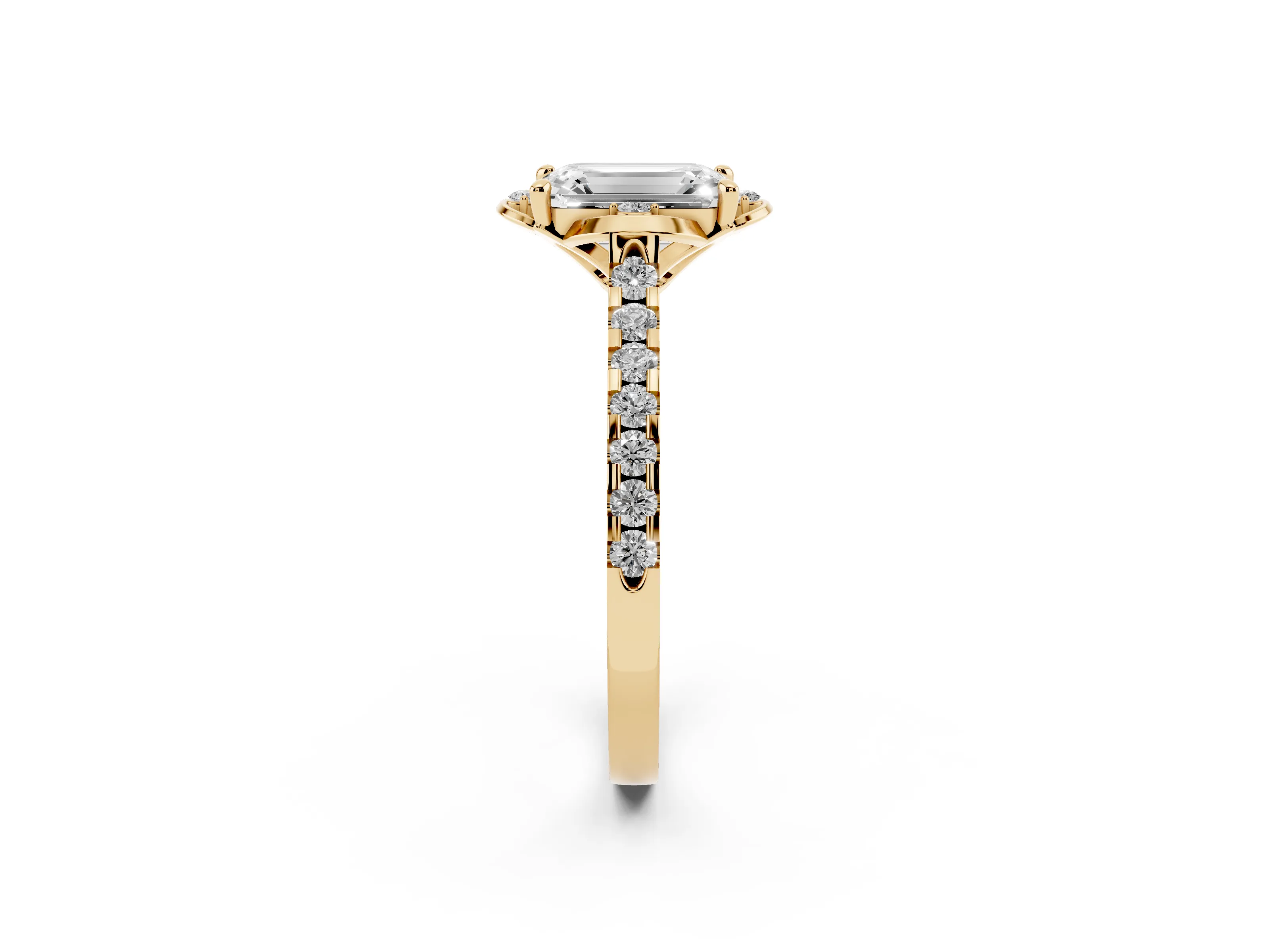 Emerald Cut Diamond Solitaire Ring Set in Yellow gold with Pavé Band and Floral Prong Setting