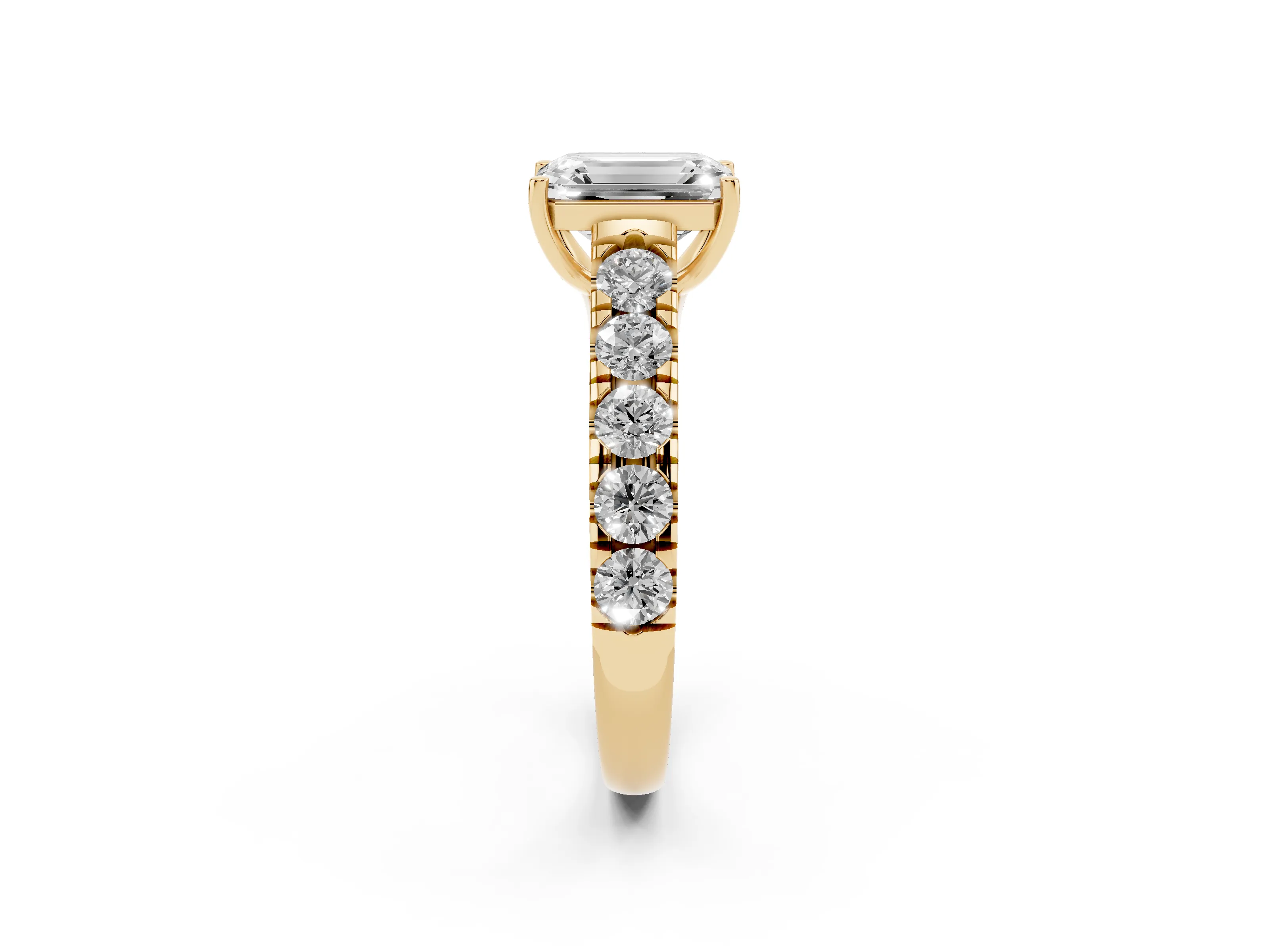 Emerald Cut Diamond Solitaire Ring Set in Yellow gold with Cut-Down Micro Pavé Band and Prong Setting