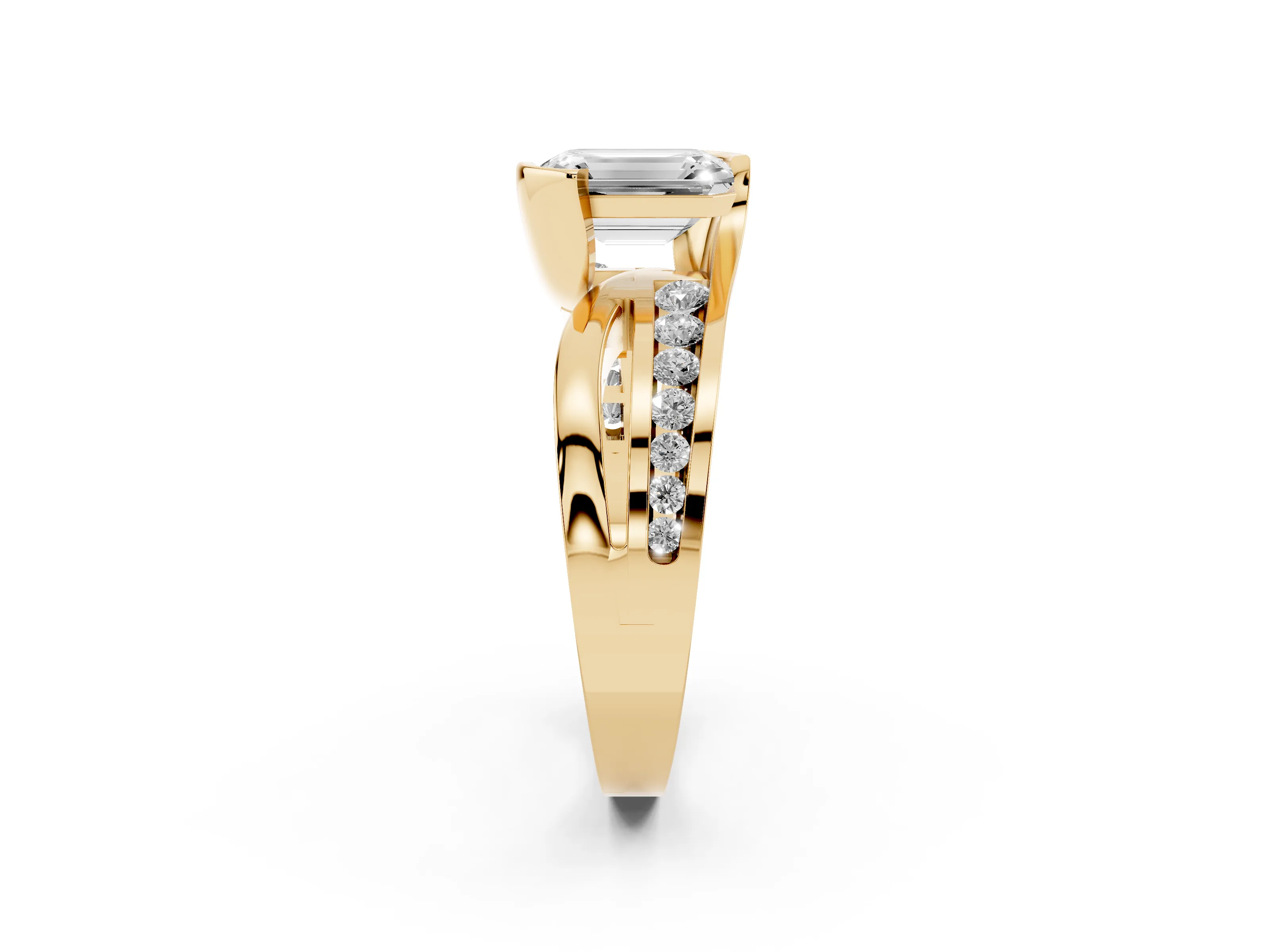 Emerald Cut Diamond Solitaire Ring Set in Yellow gold with Channel Set Split Shank and Tension Prongs