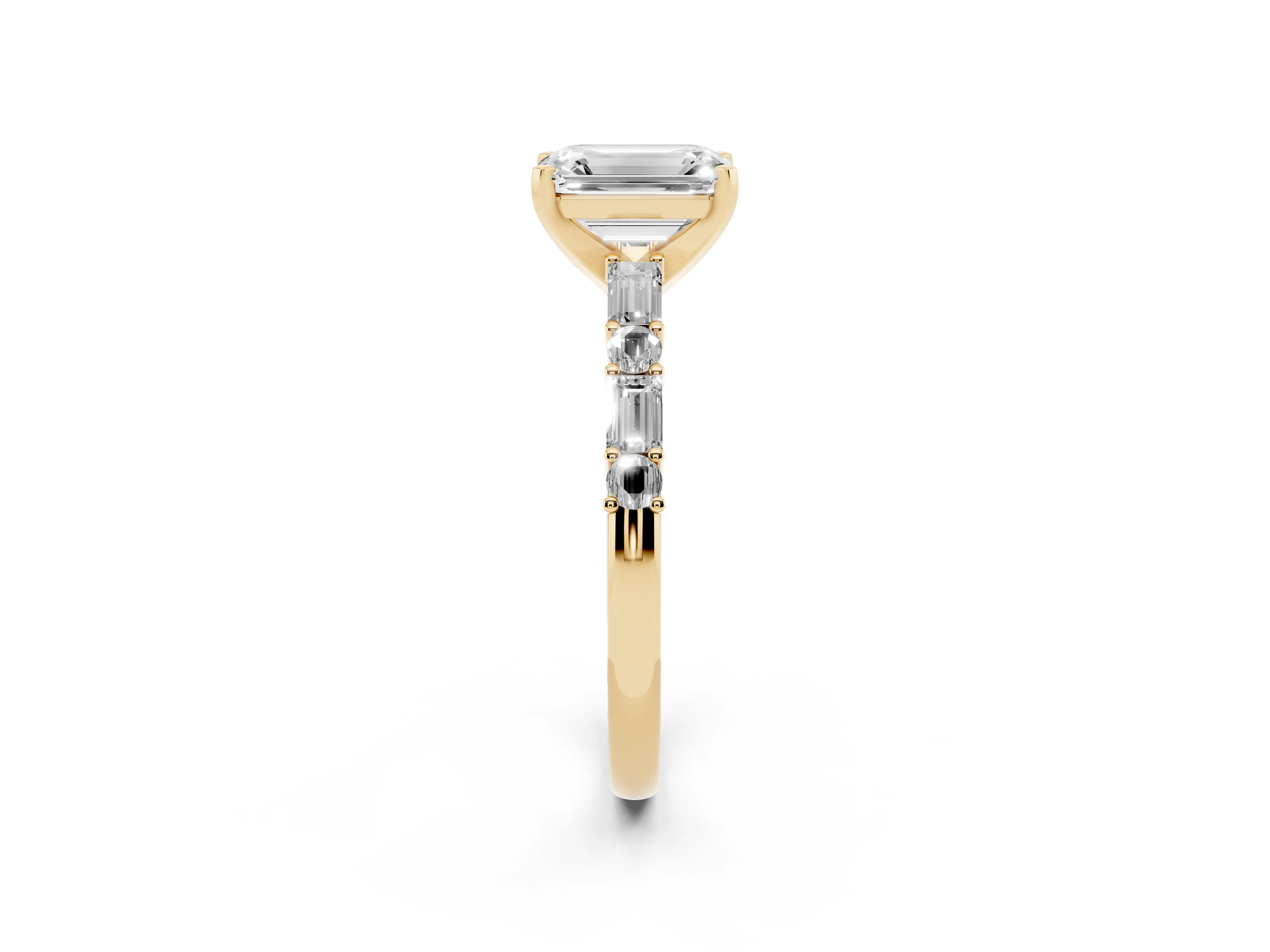 Emerald Cut Diamond Solitaire Set in Yellow gold with Side Baguettes and Channel Set Band