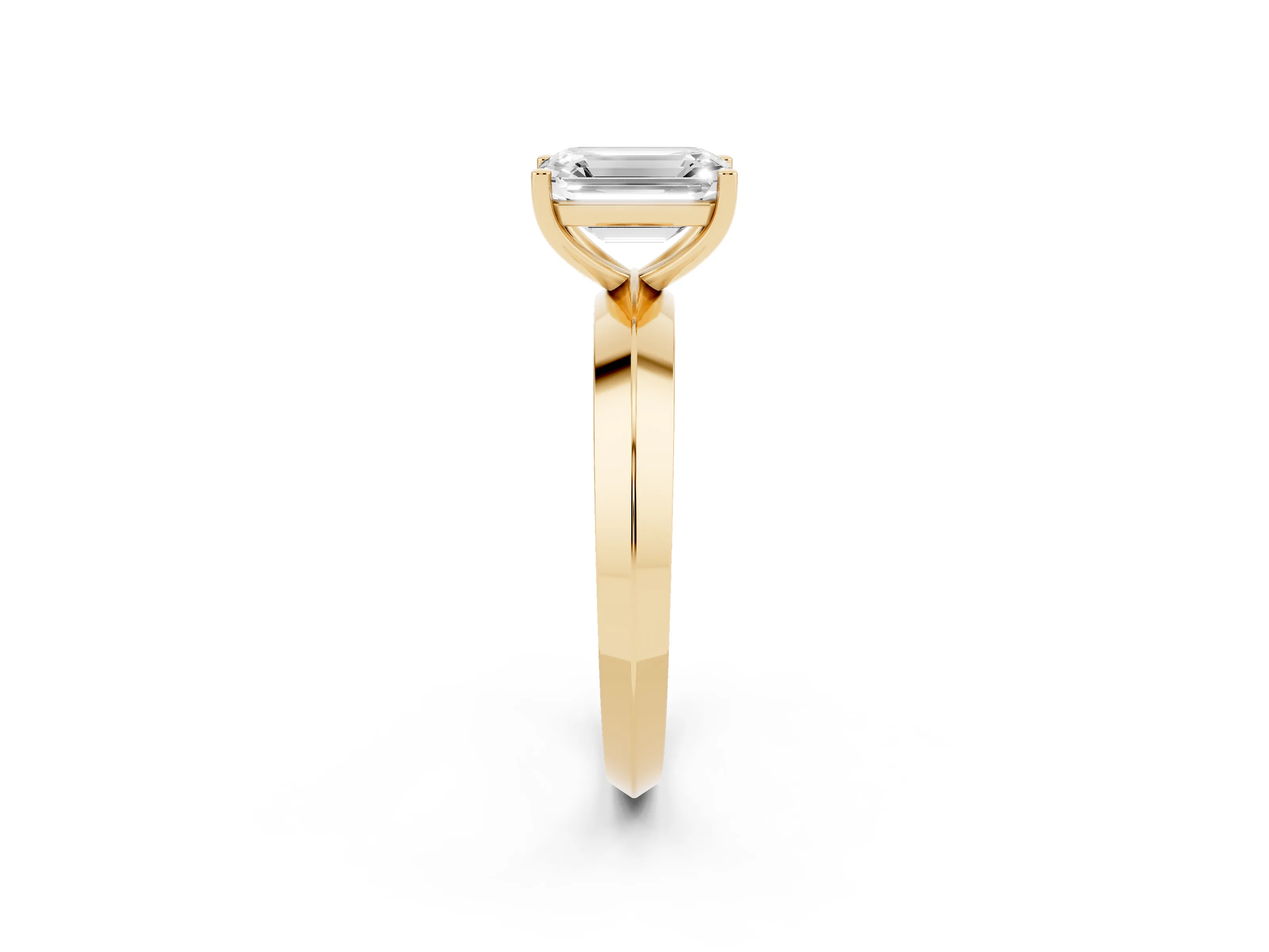 Emerald Cut Diamond Solitaire Engagement Ring Set in Yellow gold with Flat Band and Prong Setting