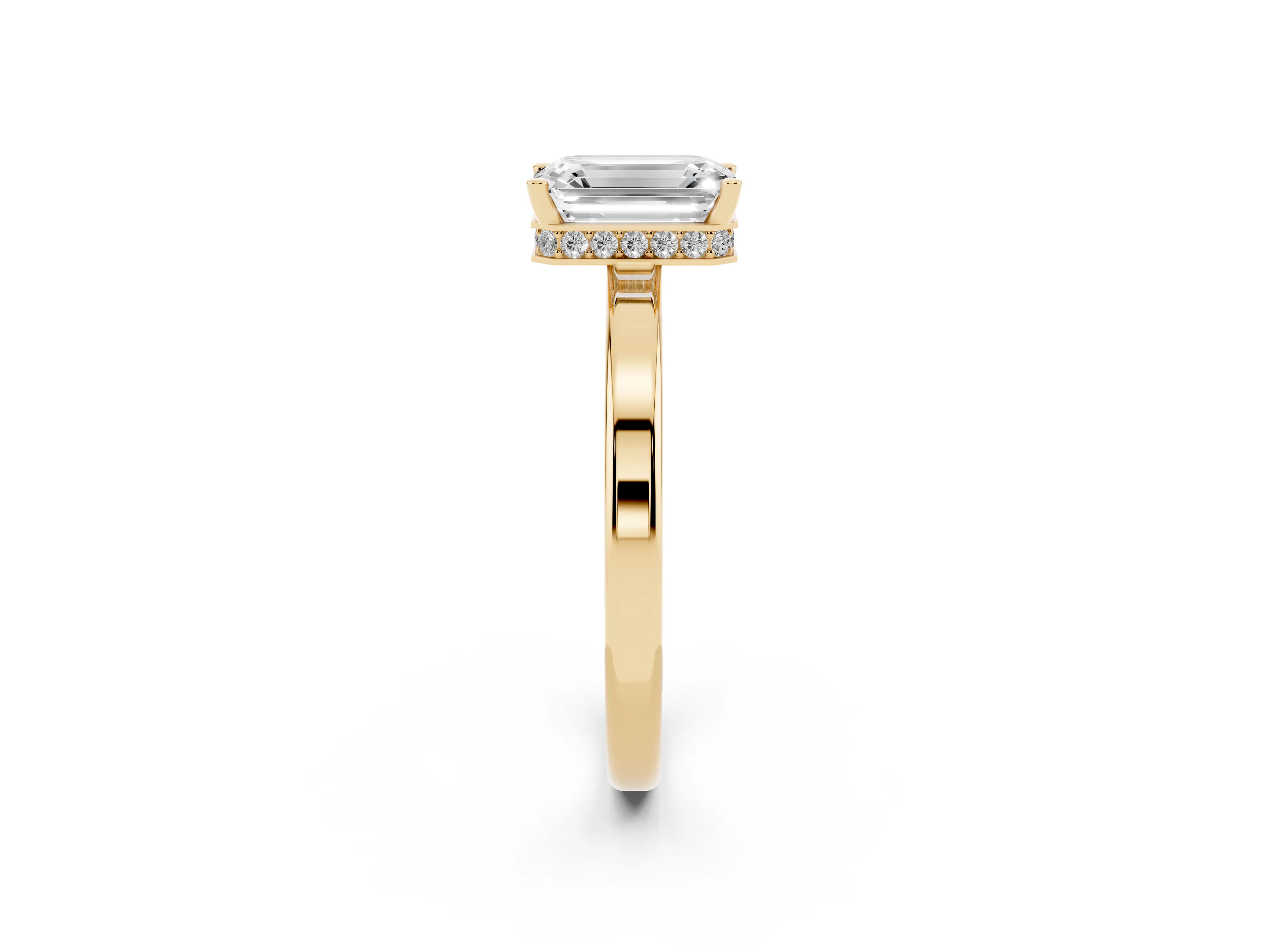 Emerald Cut Diamond Solitaire Engagement Ring Set in Yellow gold with Prong Setting on a Plain Band