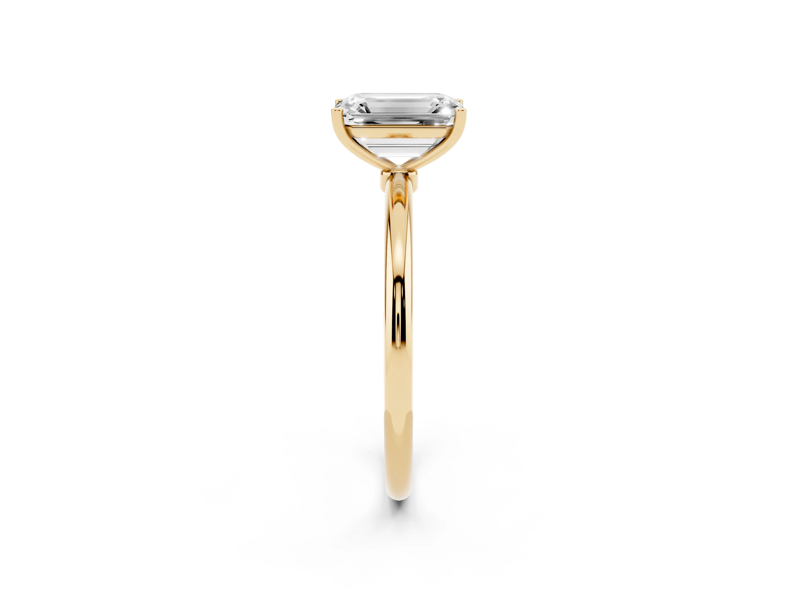 Emerald Cut Diamond Solitaire Engagement Ring Set in Yellow gold with Thin Band and Prong Setting