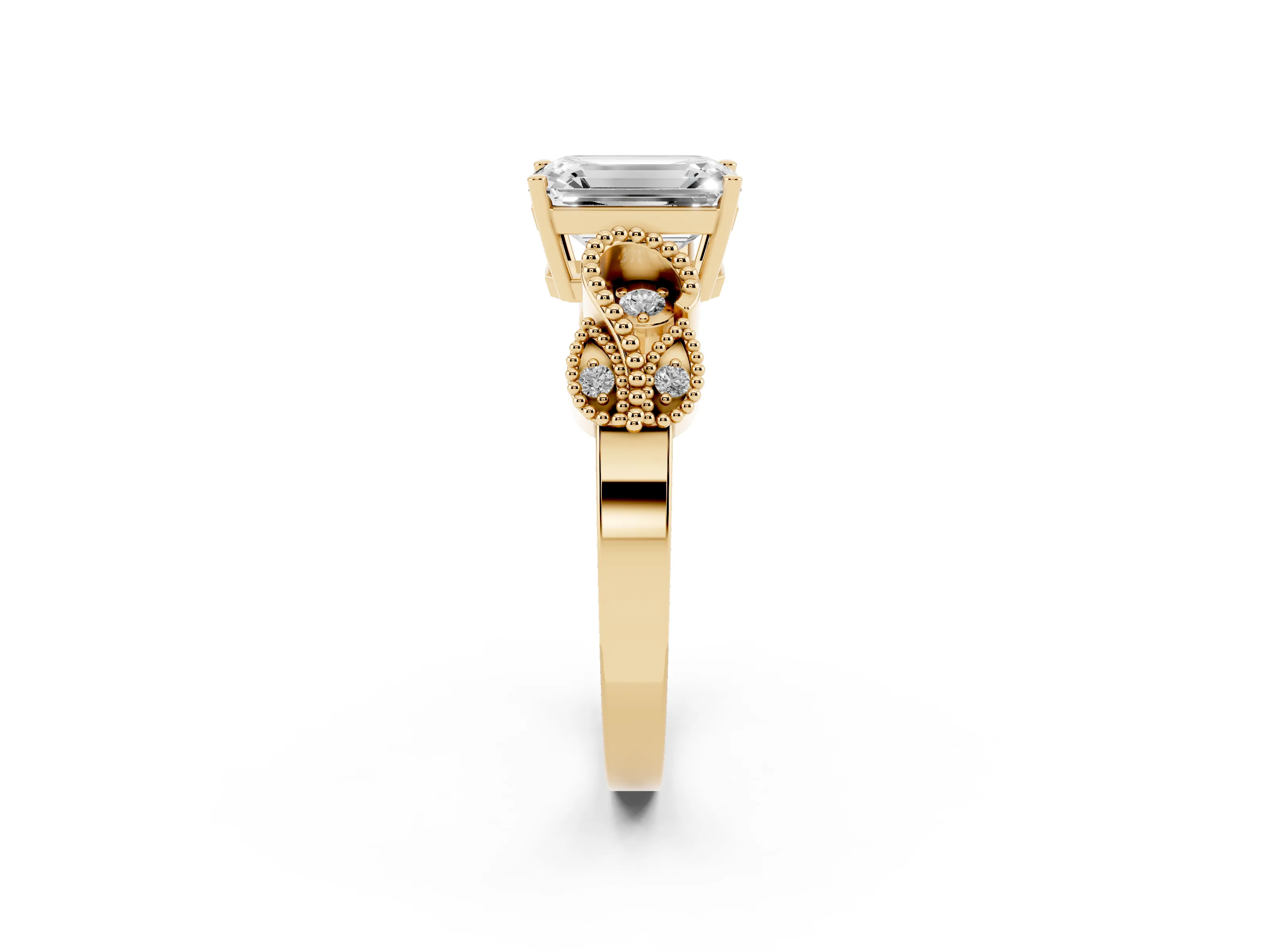 Emerald Cut Diamond Milgrain Leaf Band Solitaire Ring Set in Yellow gold with Accent Stones and Prong Setting