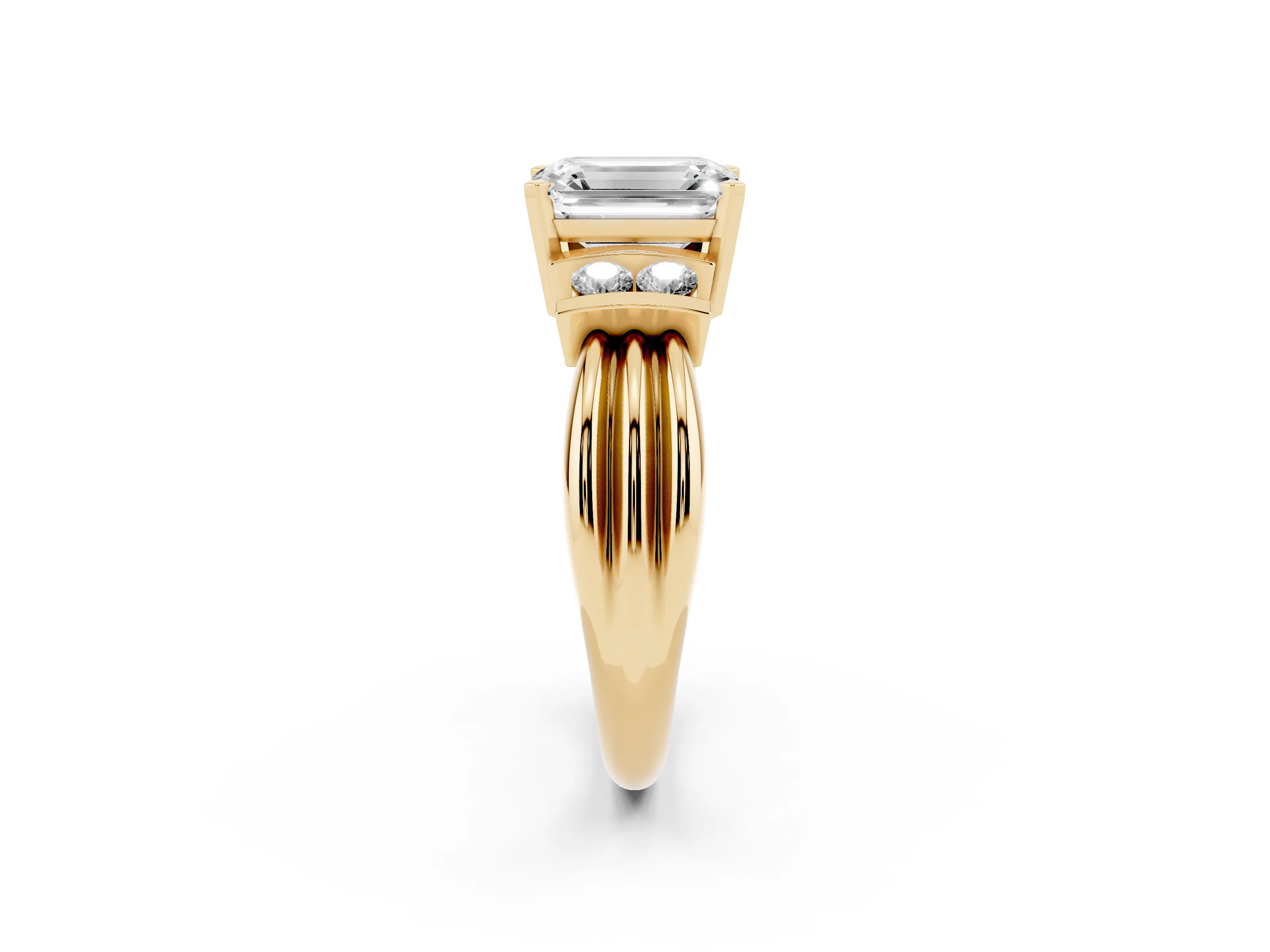 Three-Stone Emerald Cut Diamond Channel Set Ring Set in Yellow gold with Bar Prongs