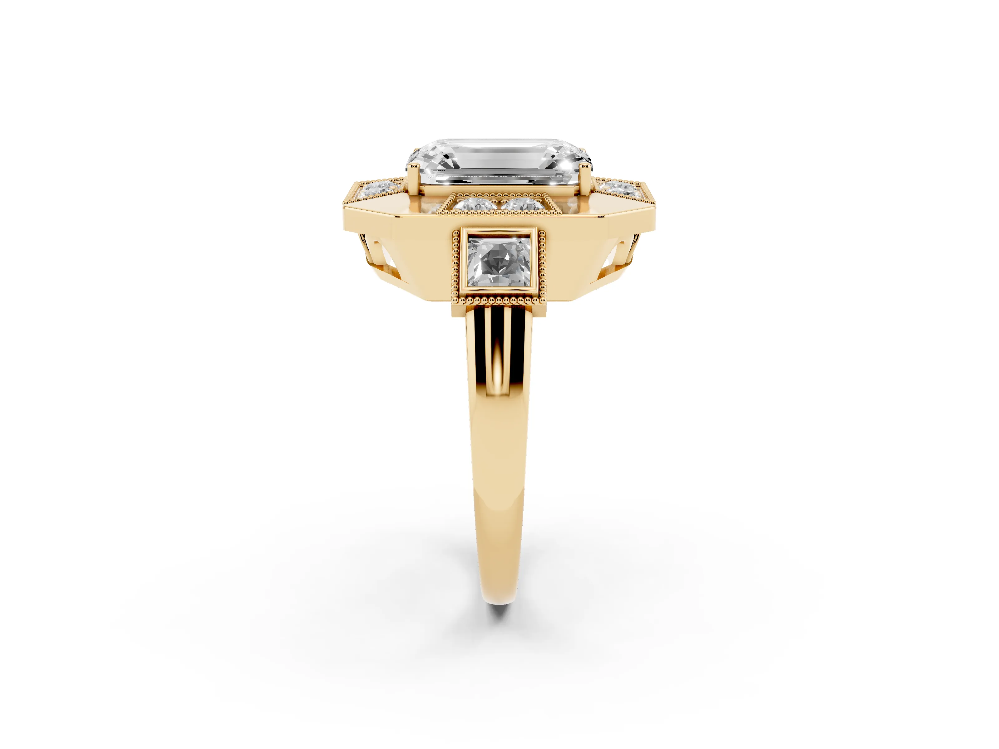 Emerald Cut Diamond Milgrain Halo Ring Set in Yellow gold with Split Shank