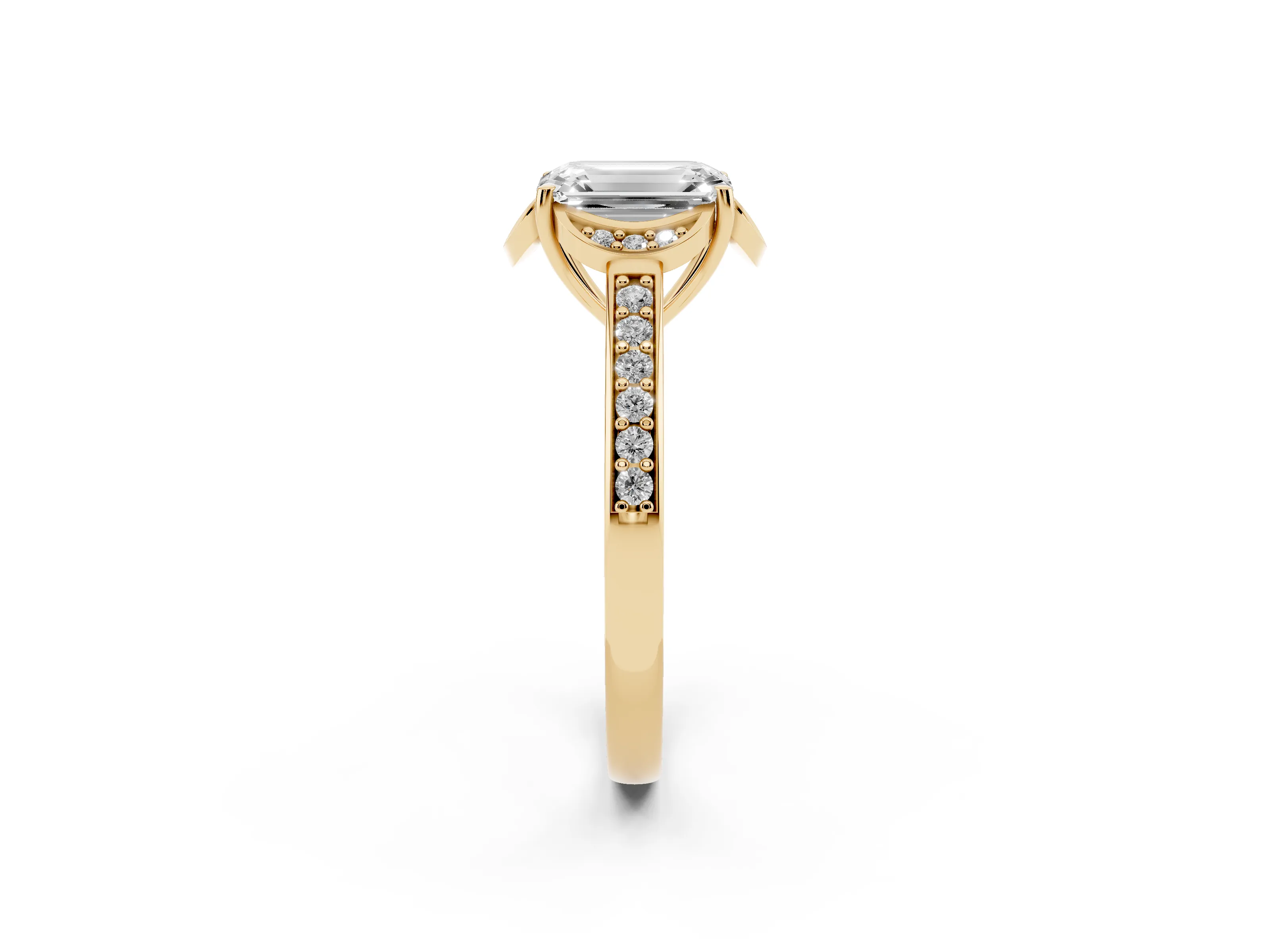 Emerald Cut Diamond Halo Ring Set in Yellow gold with Channel Set Band and Prong Setting