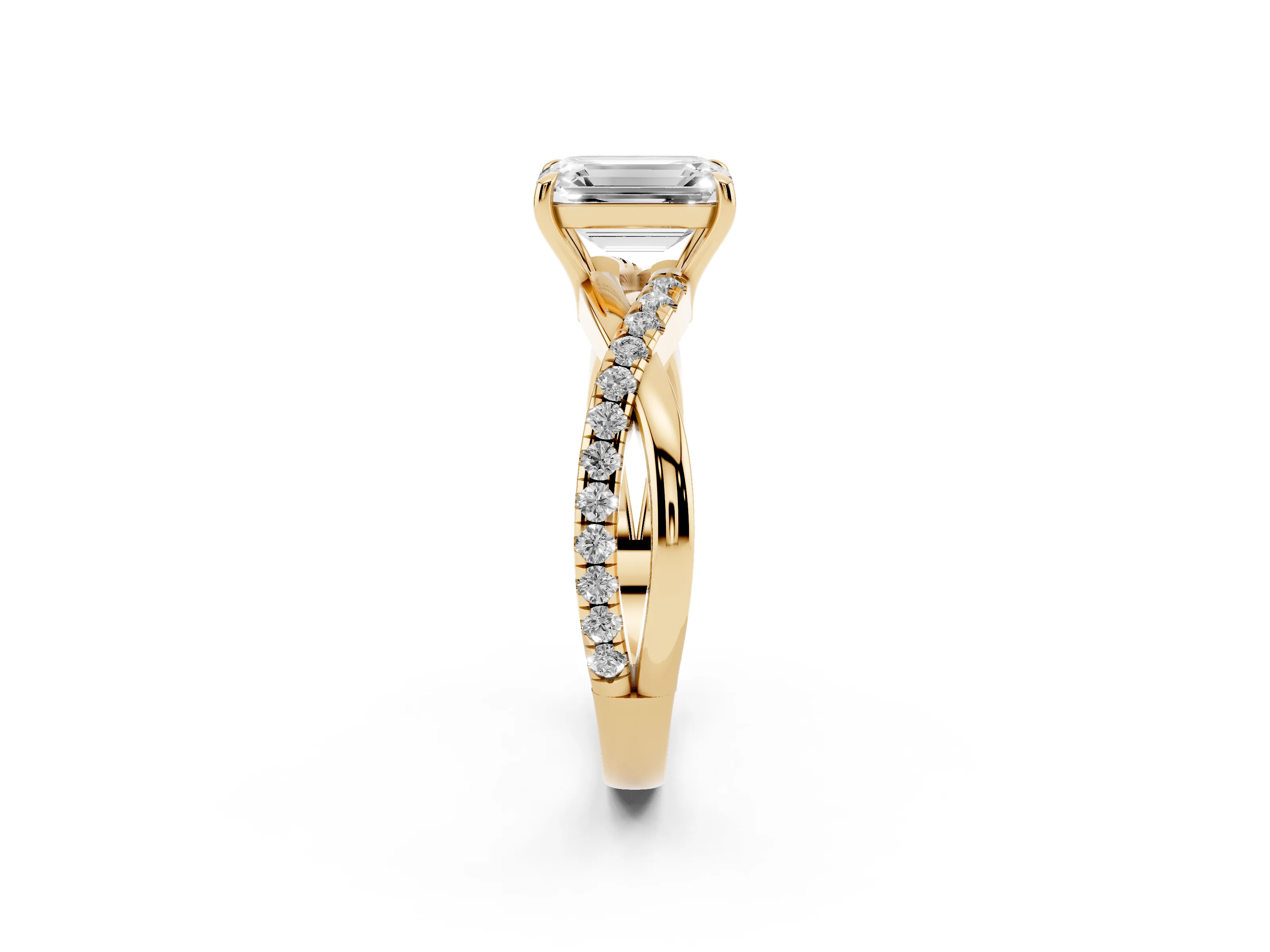 Emerald Cut Diamond Twisted Pavé Band Ring Set in Yellow gold with Prong Setting