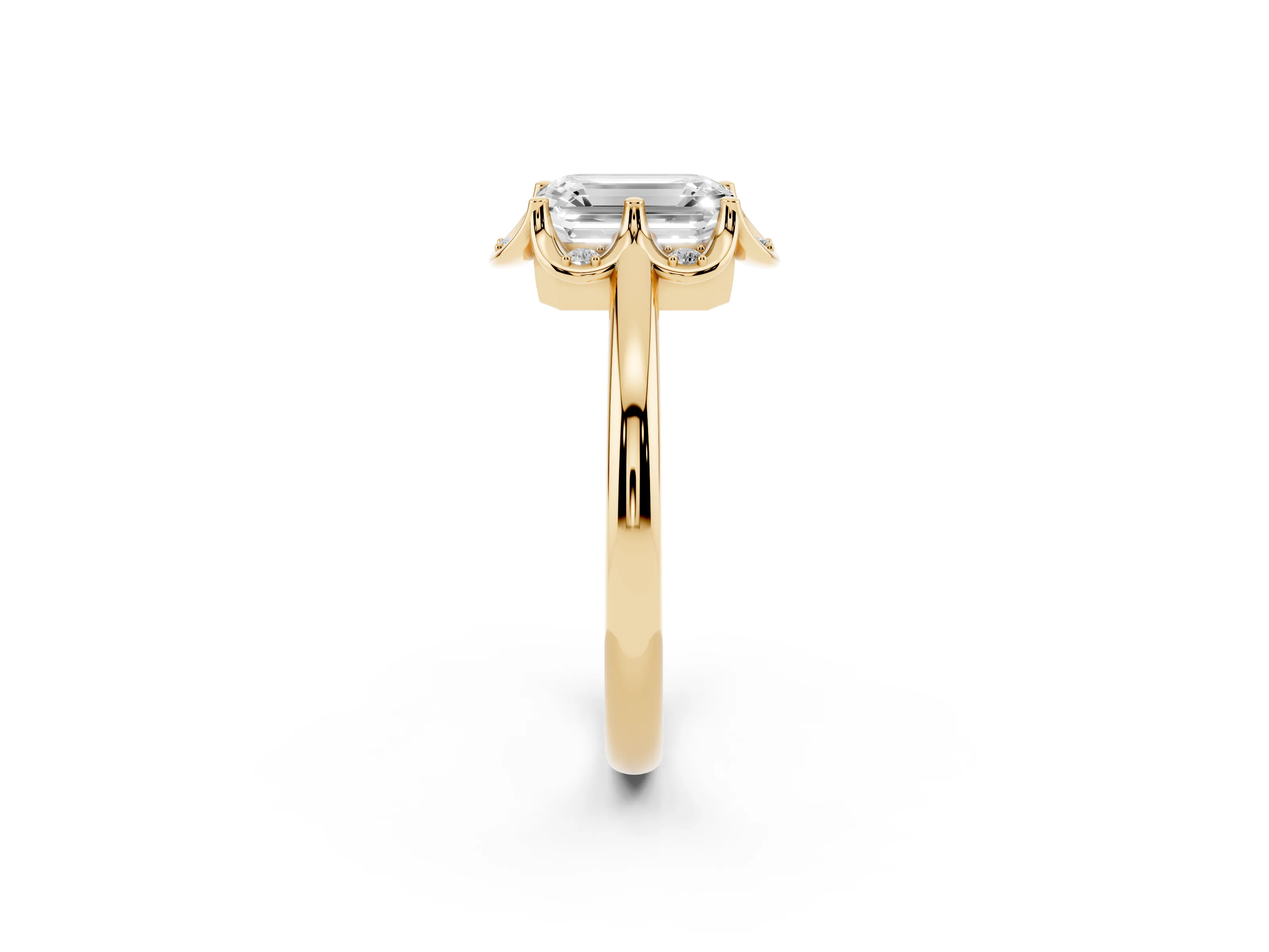 Emerald Cut Diamond Round Cluster Halo Ring Set in Yellow gold with Solitaire Band and Prong Setting