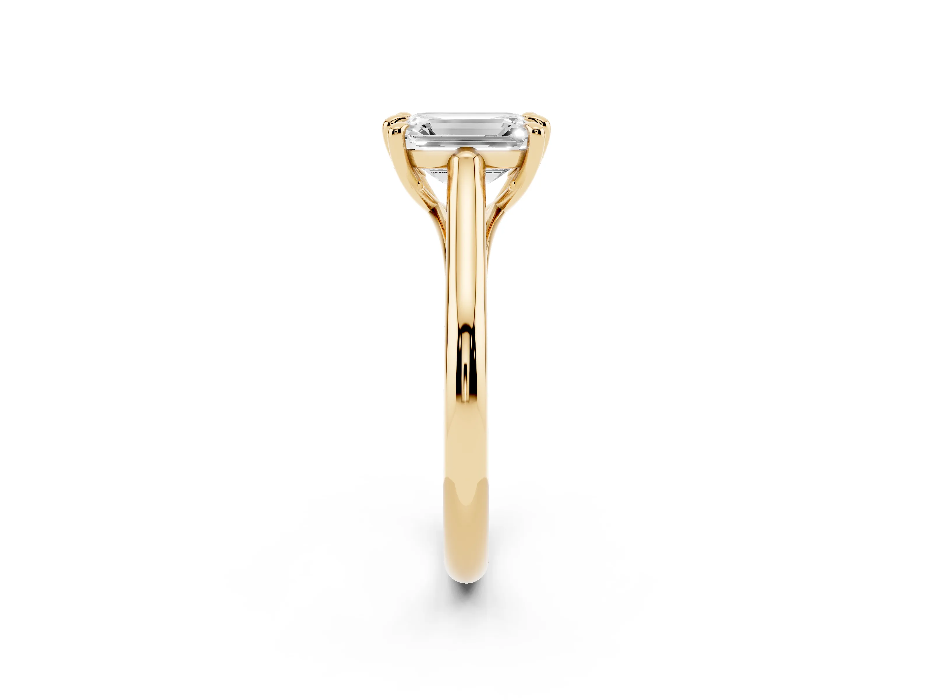 Emerald Cut Diamond Solitaire Engagement Ring Set in Yellow gold with Prong Setting and Plain Classic Band