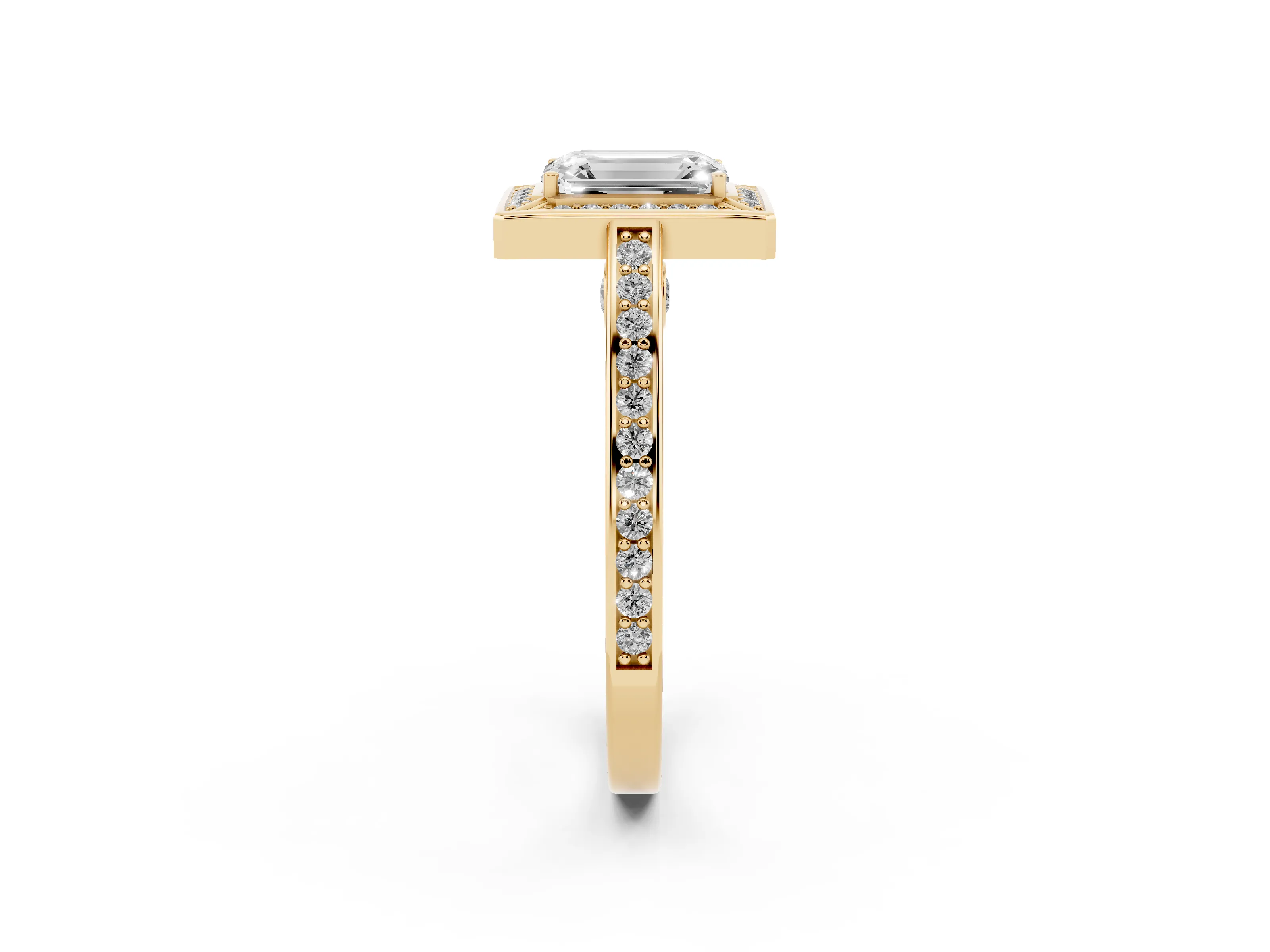 Emerald Cut Diamond Halo Pavé Split Shank Ring Set in Yellow gold with Prong Setting