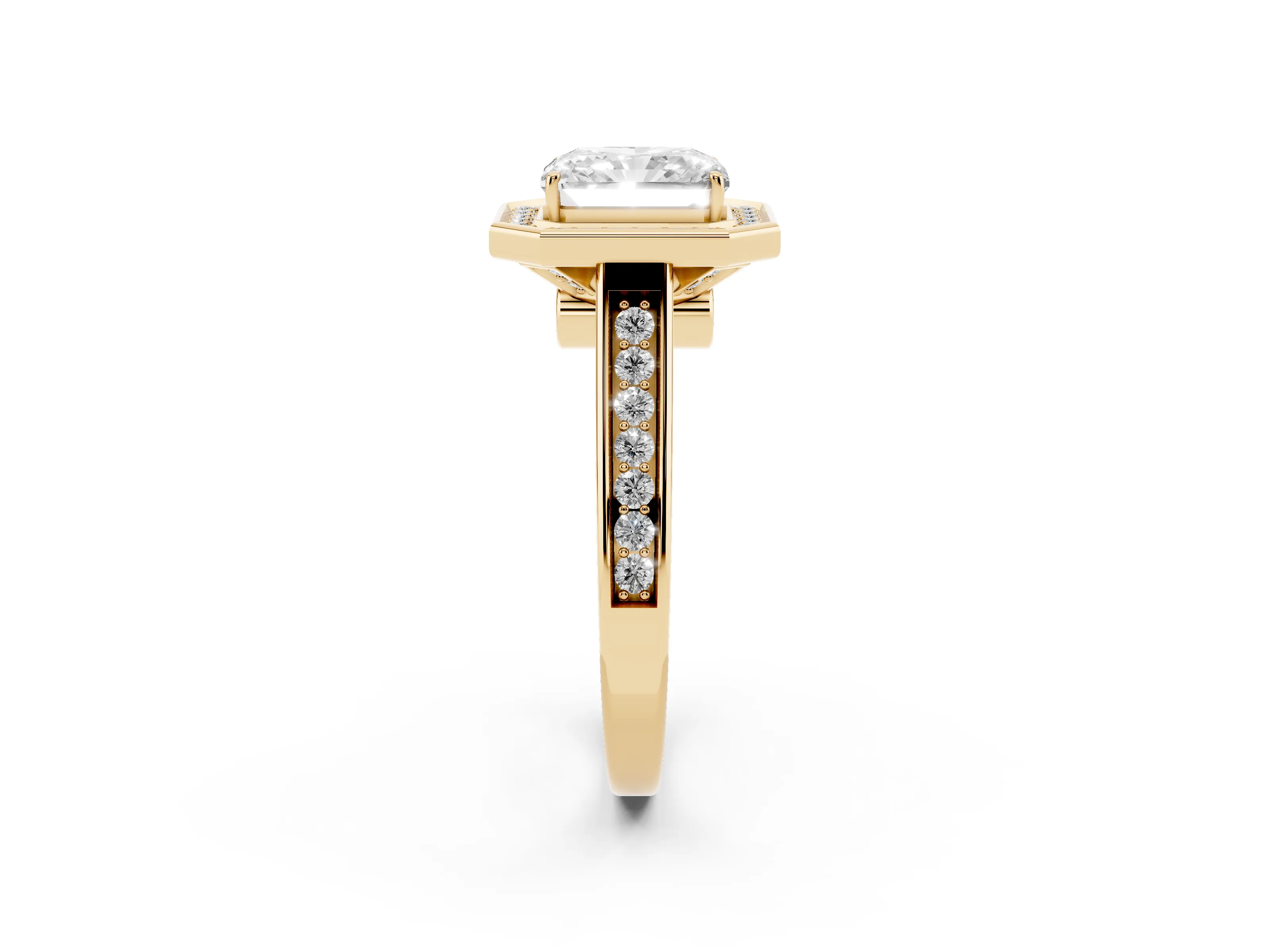 Emerald Cut Diamond Halo Solitaire Ring Set in Yellow gold with Pavé Band and Bezel Setting