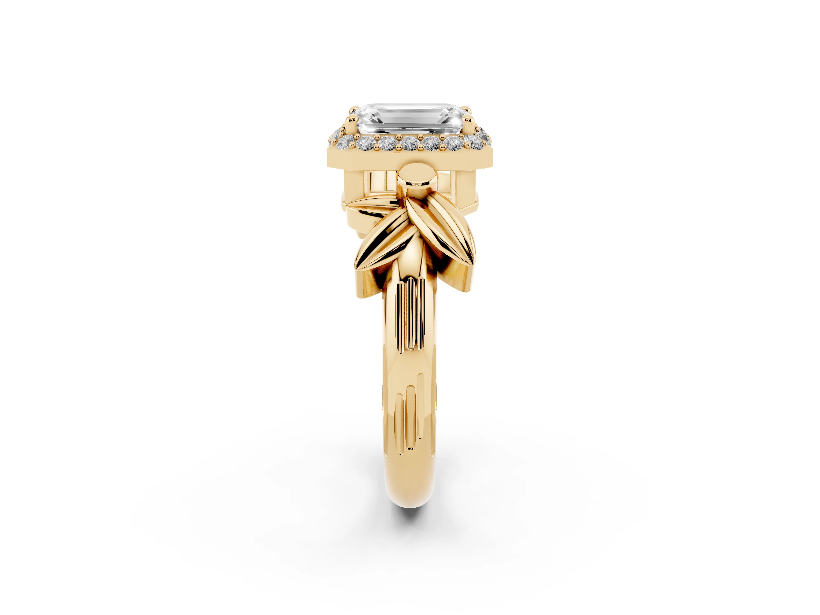 Emerald Cut Diamond Halo Floral Band Ring Set in Yellow gold with Prong Setting