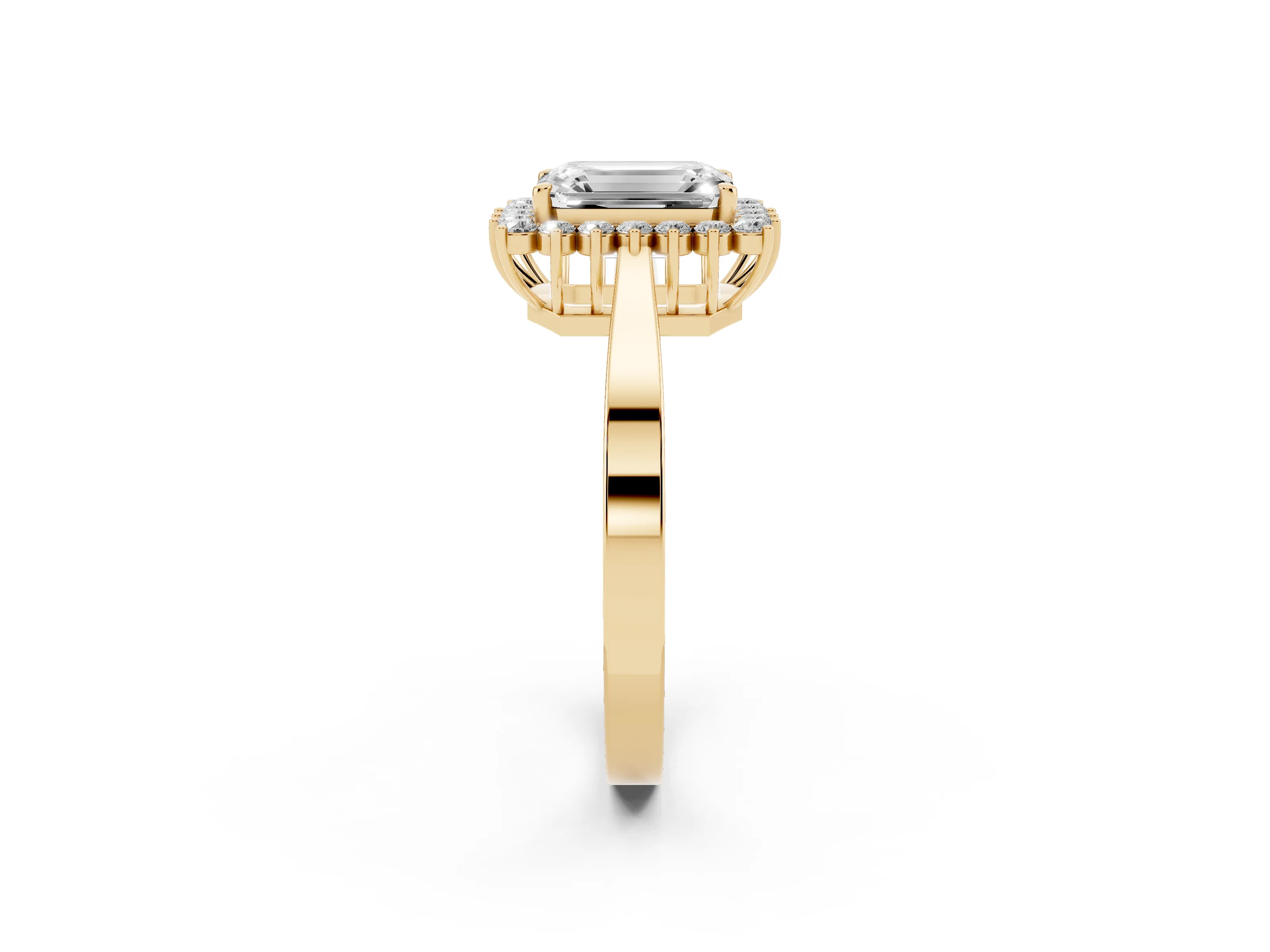 Emerald Cut Diamond Halo Ring Set in Yellow gold with Round Halo and Smooth Solitaire Band