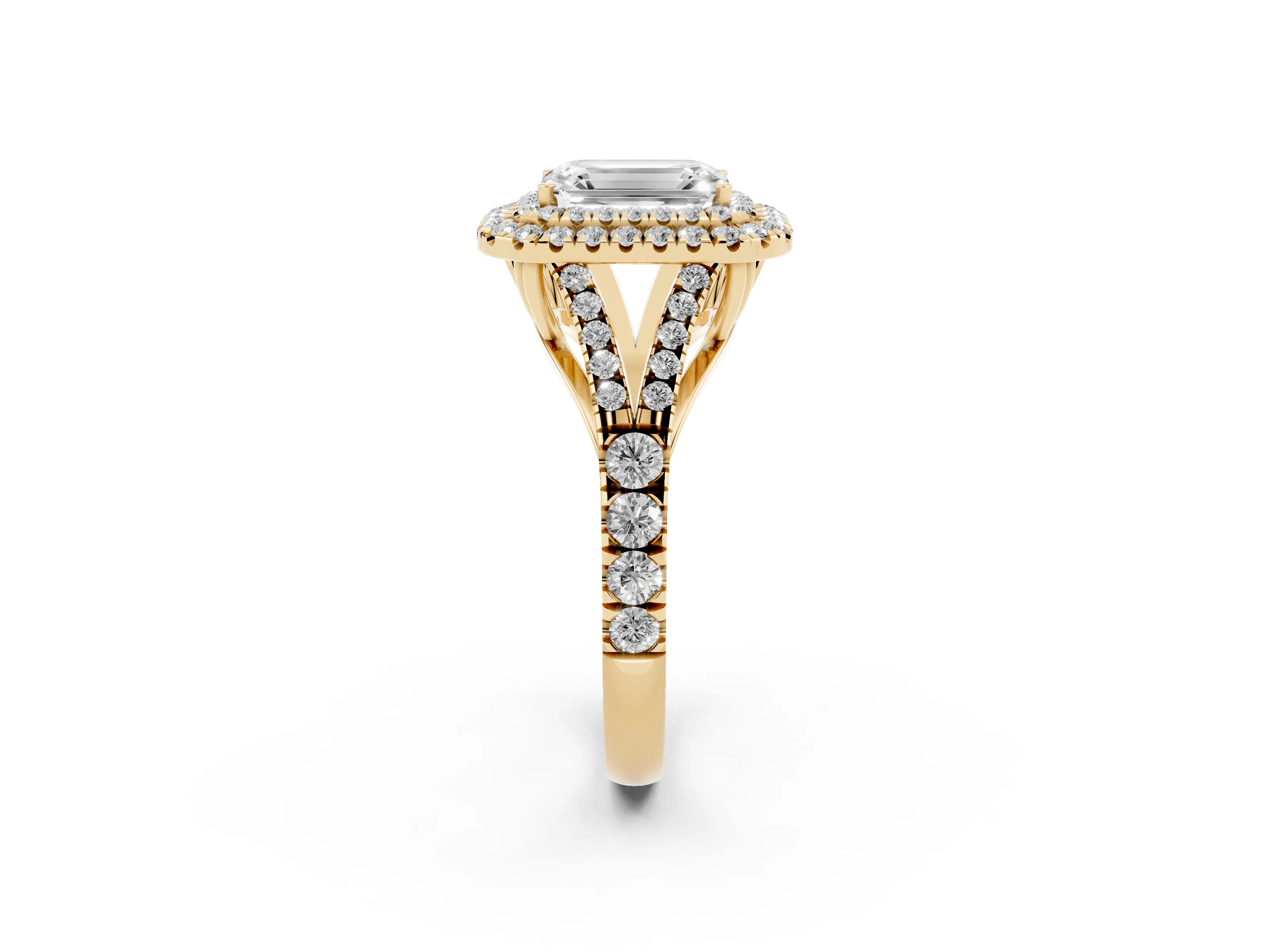Emerald Cut Diamond Pavé Split Shank Double Halo Engagement Ring Set in Yellow gold
