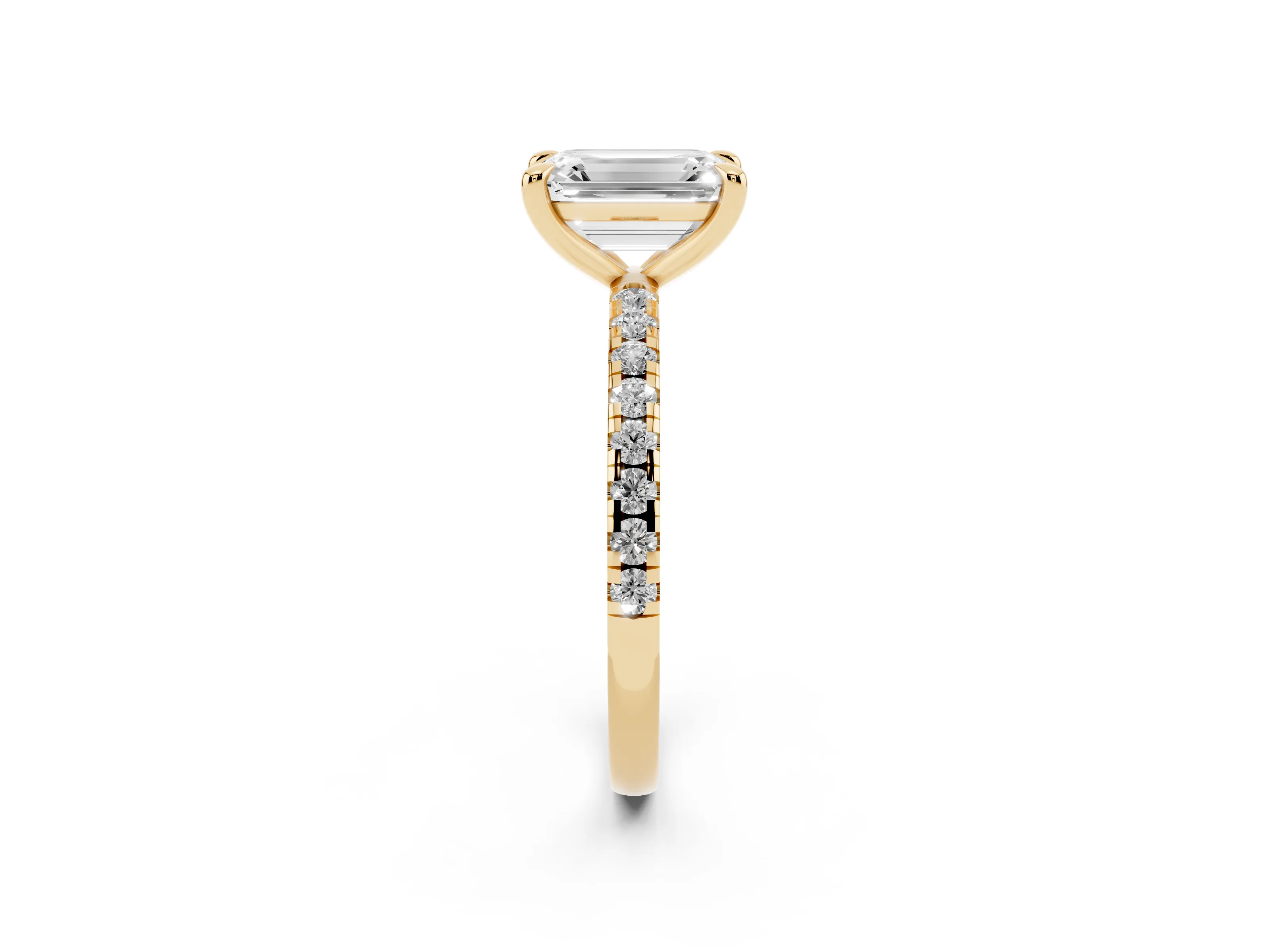 Emerald Cut Diamond Brilliant Solitaire Ring Set in Yellow gold with Pavé Band and Prong Setting