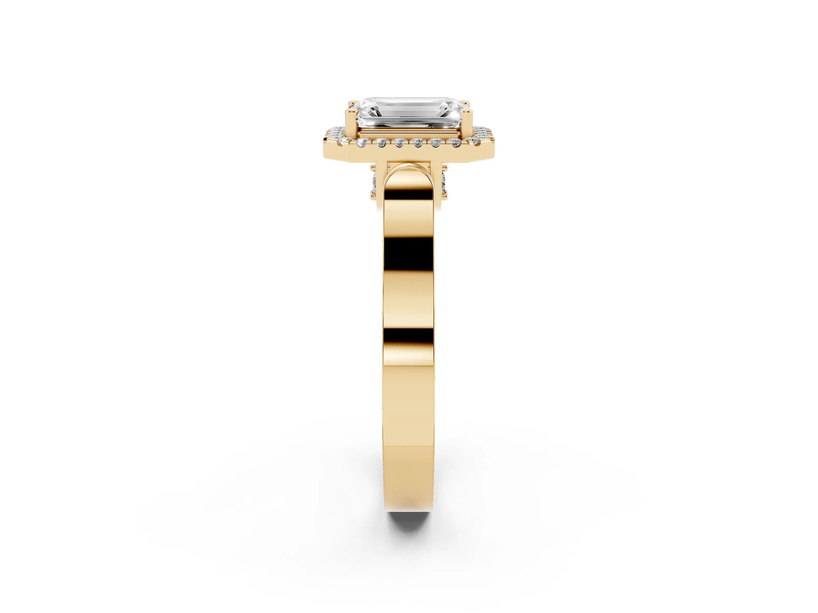 Emerald Cut Diamond Halo Ring Set in Yellow gold with Pavé-Lined Split Shank Band