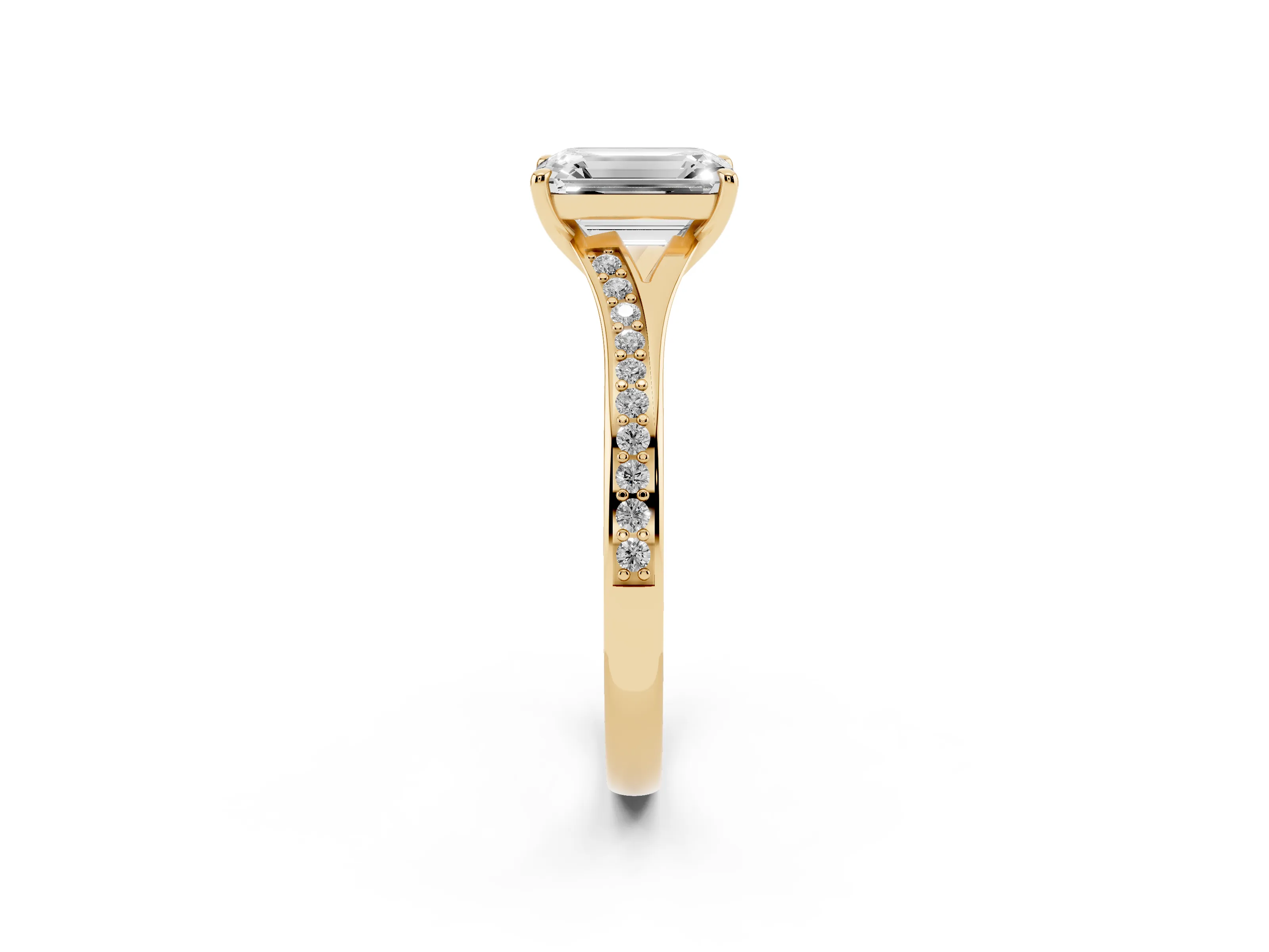 Emerald Cut Diamond Solitaire Ring Set in Yellow gold with Pavé Accent Band and Classic Prong Setting