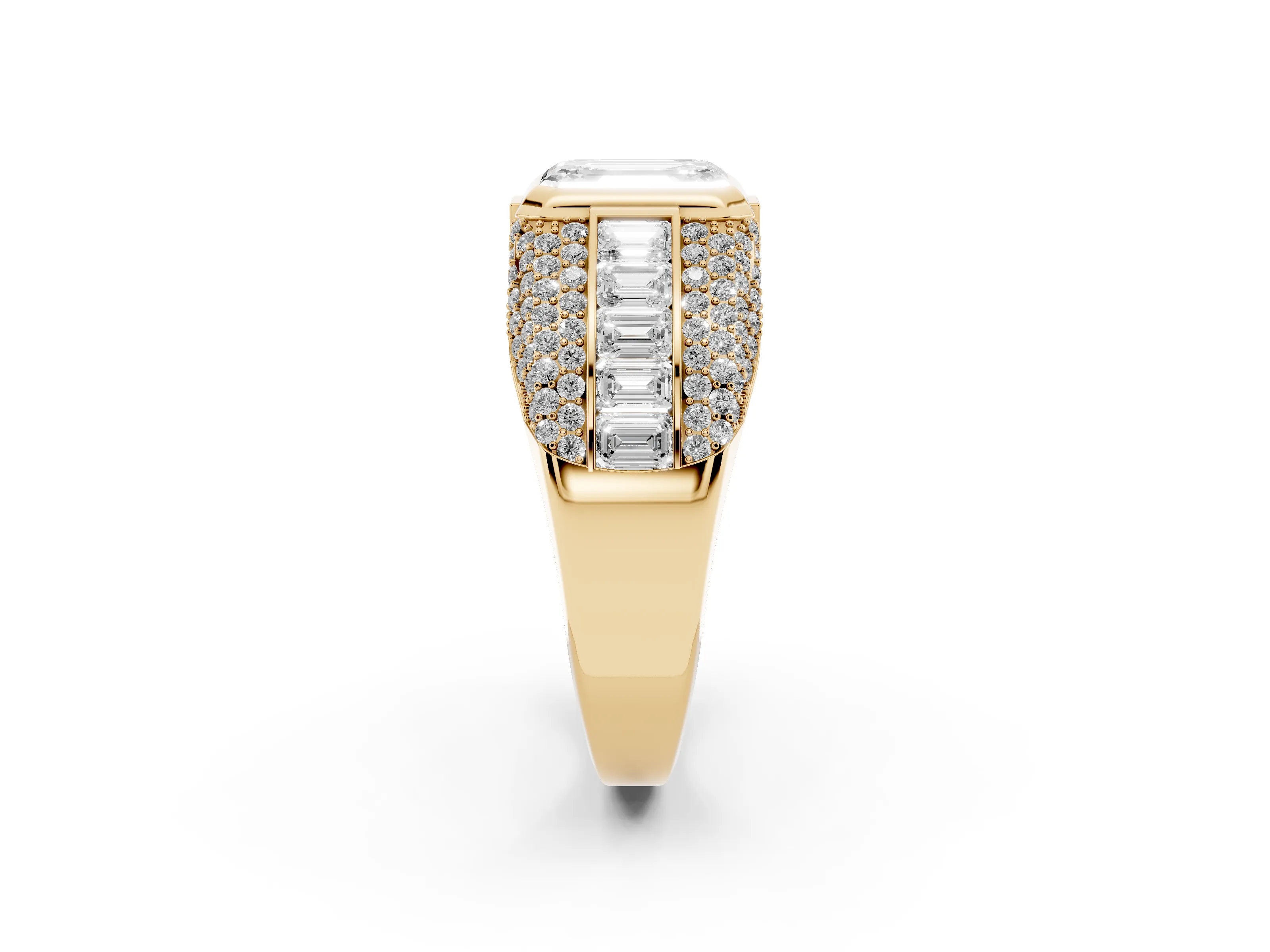 Emerald Cut Diamond Mens Ring Set in Yellow gold with Structured Side Stones and Pavé Shoulders