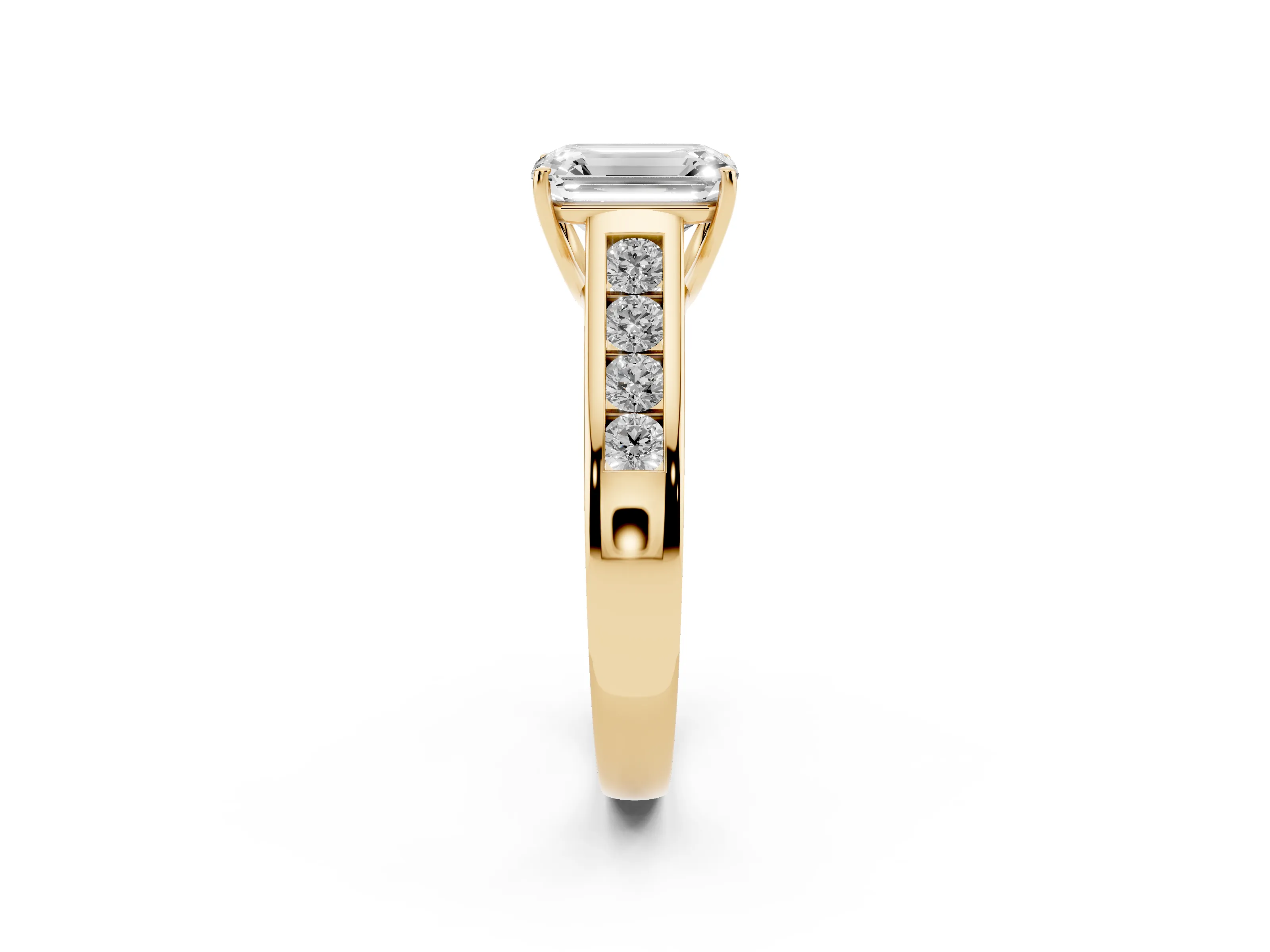Emerald Cut Diamond Brilliant Channel-Set Solitaire Ring Set in Yellow gold with Prong Setting