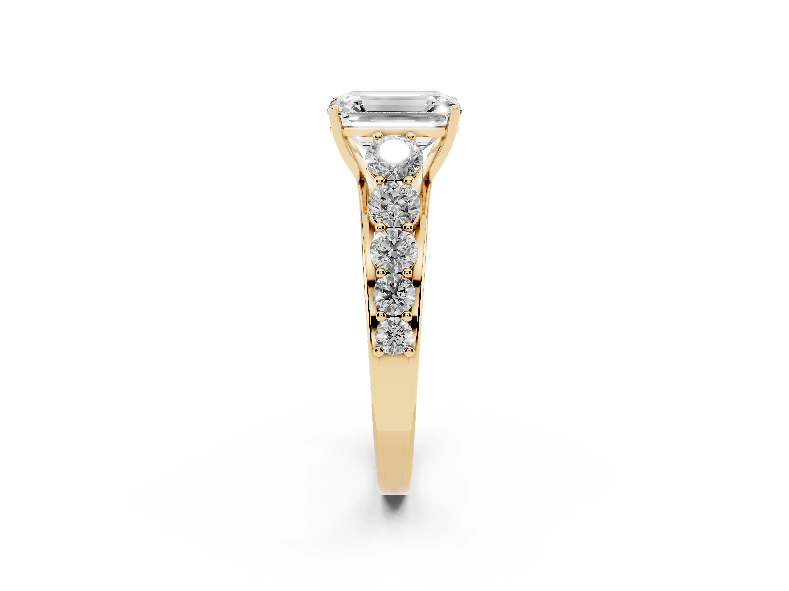 Emerald Cut Diamond Solitaire Ring Set in Yellow gold with Pavé-Set Band and Prong Setting