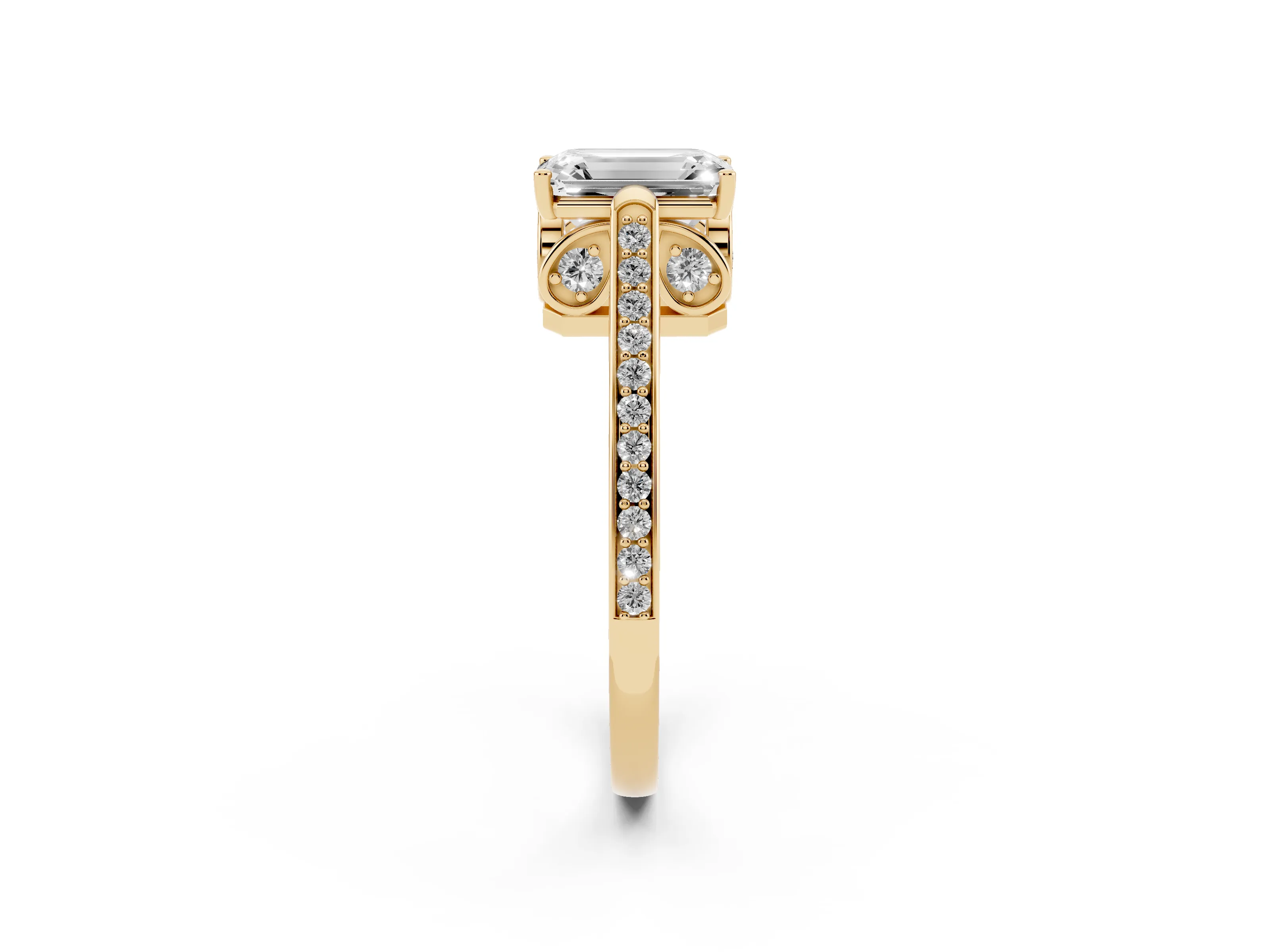 Emerald Cut Diamond Cathedral Pavé Engagement Ring Set in Yellow gold with Prong Setting
