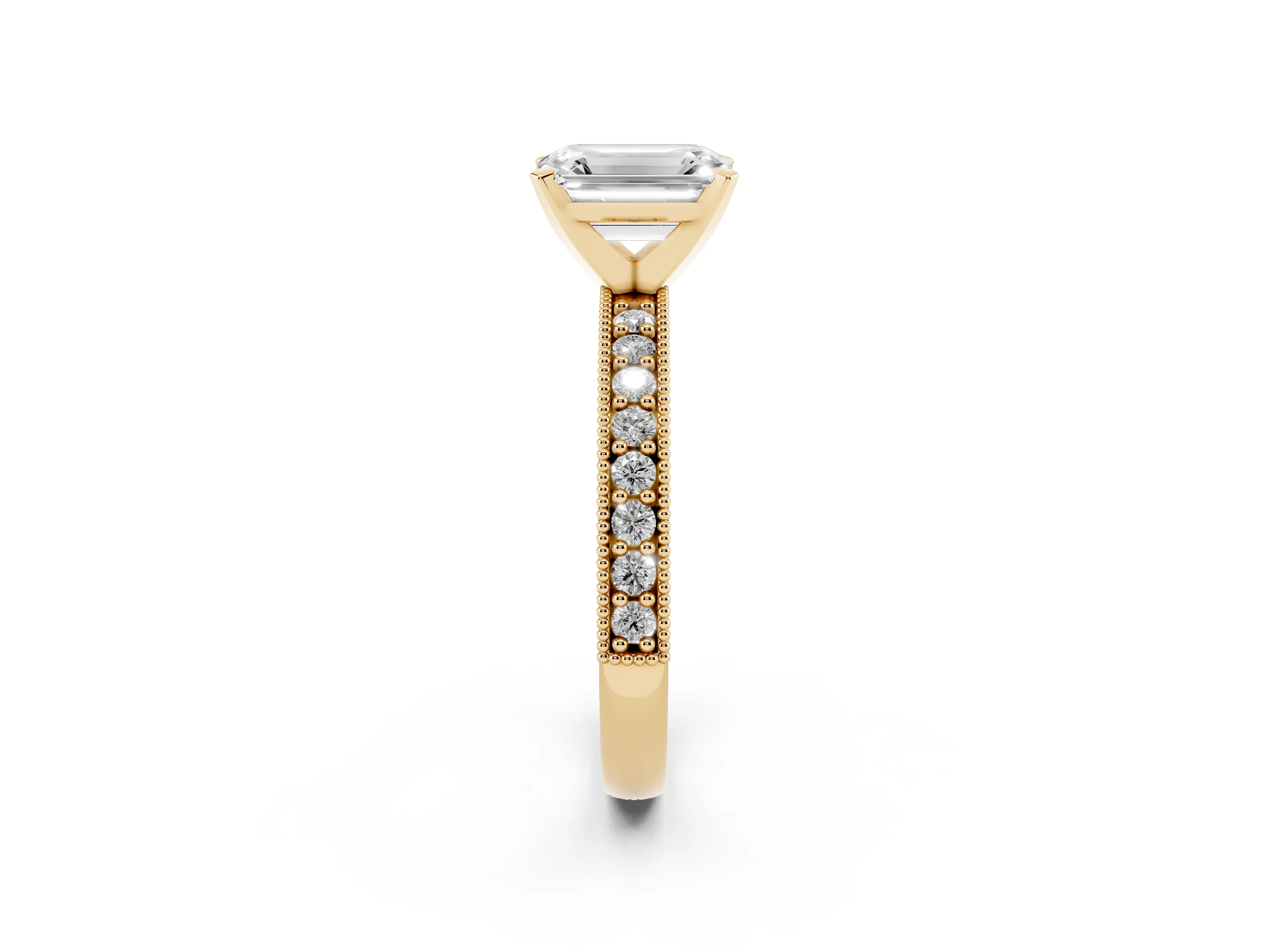 Emerald Cut Diamond Milgrain Pavé Engagement Ring Set in Yellow gold with Prong Setting