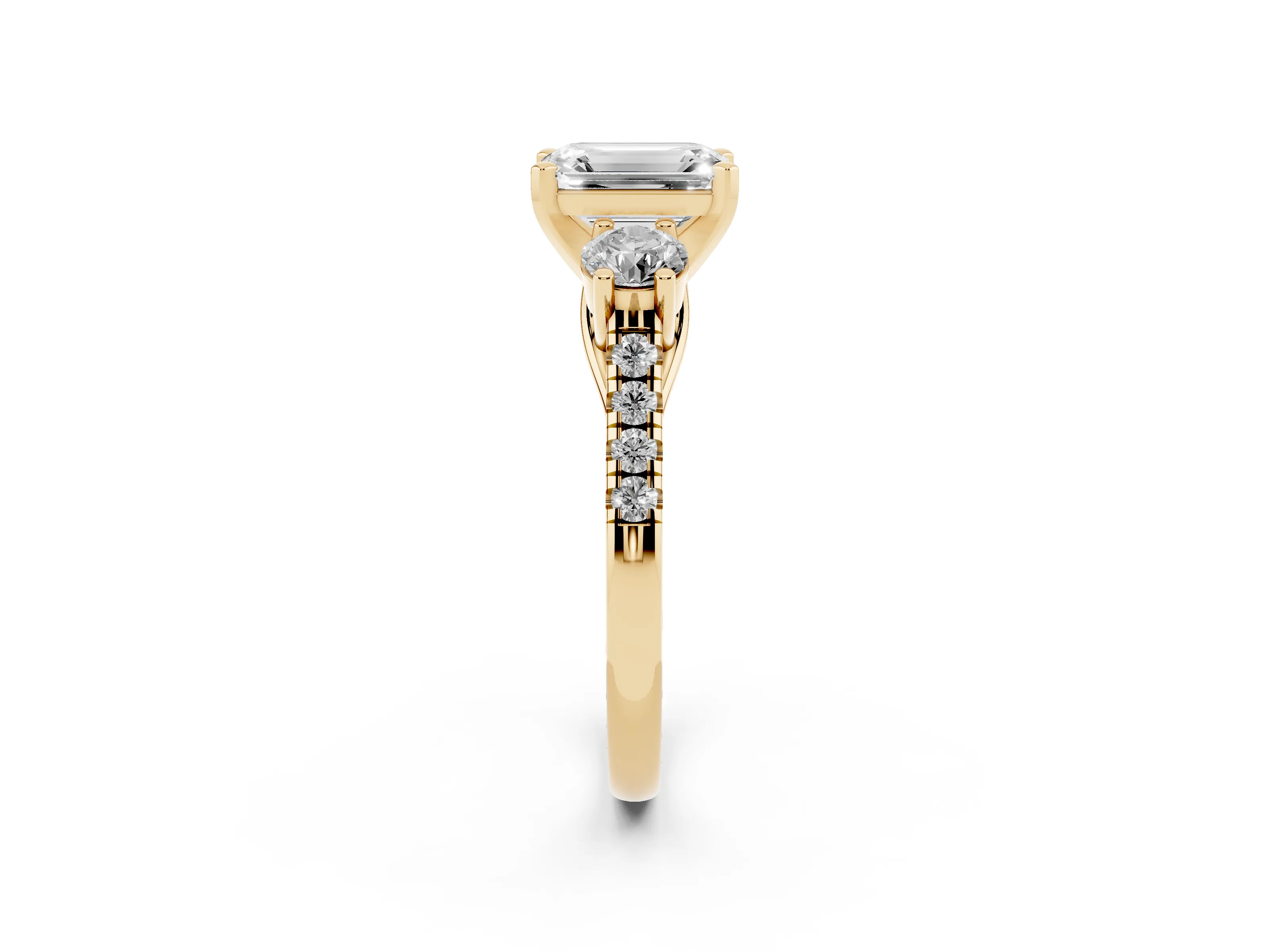 Three-Stone Emerald Cut Diamond Pavé Band Ring Set in Yellow gold with Prong-Set Trio