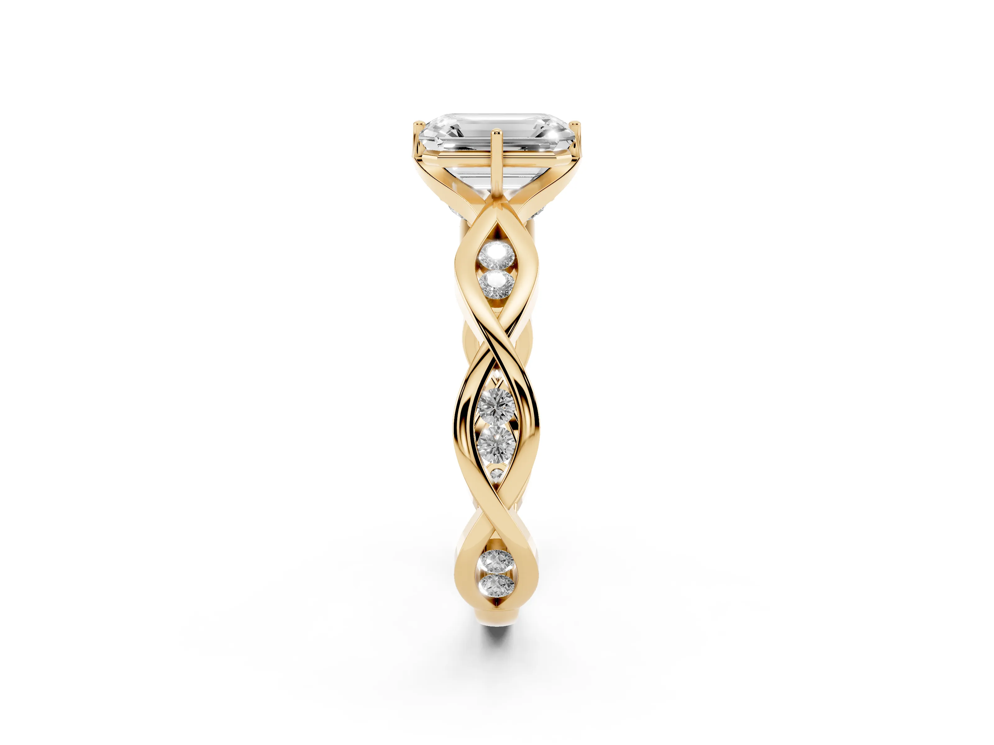 Emerald Cut Diamond Twist Band Solitaire Ring Set in Yellow gold with Leaf Prong Setting and Accent Stones