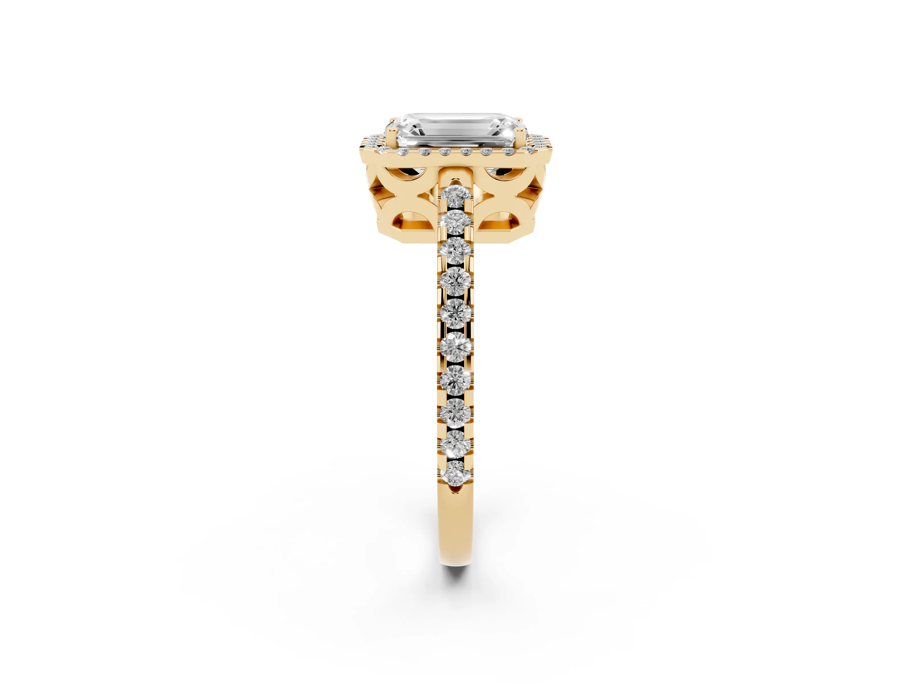 Emerald Cut Diamond Halo Ring Set in Yellow gold with Pavé Shoulders and Halo-Framed Center