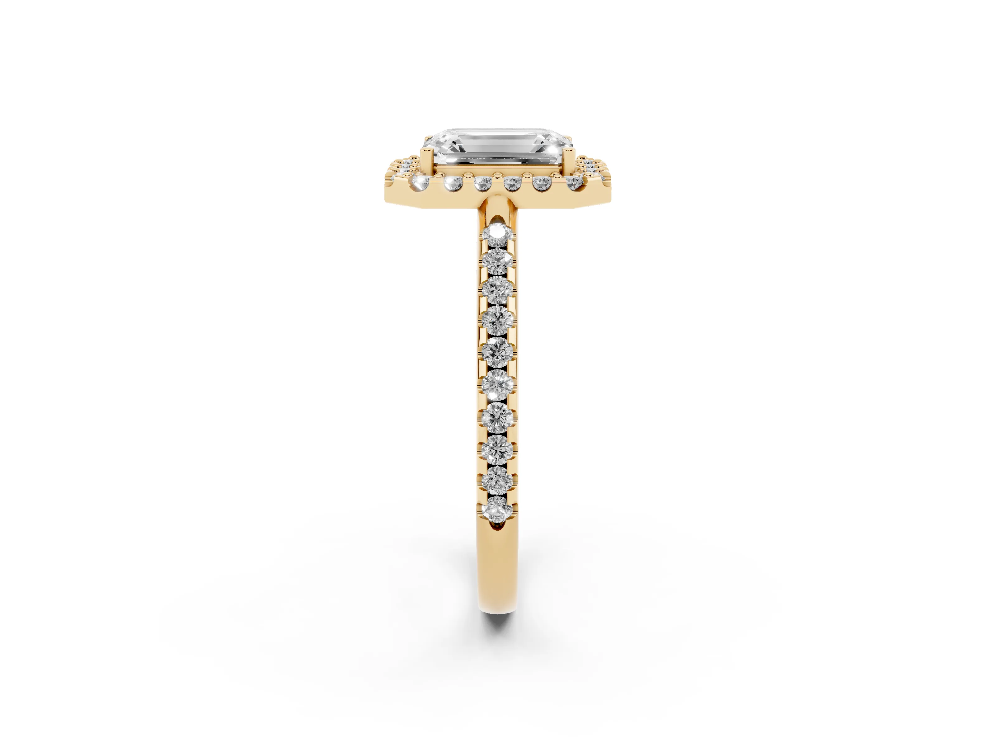 Emerald Cut Diamond Pavé Halo Ring Set in Yellow gold with Prong Setting