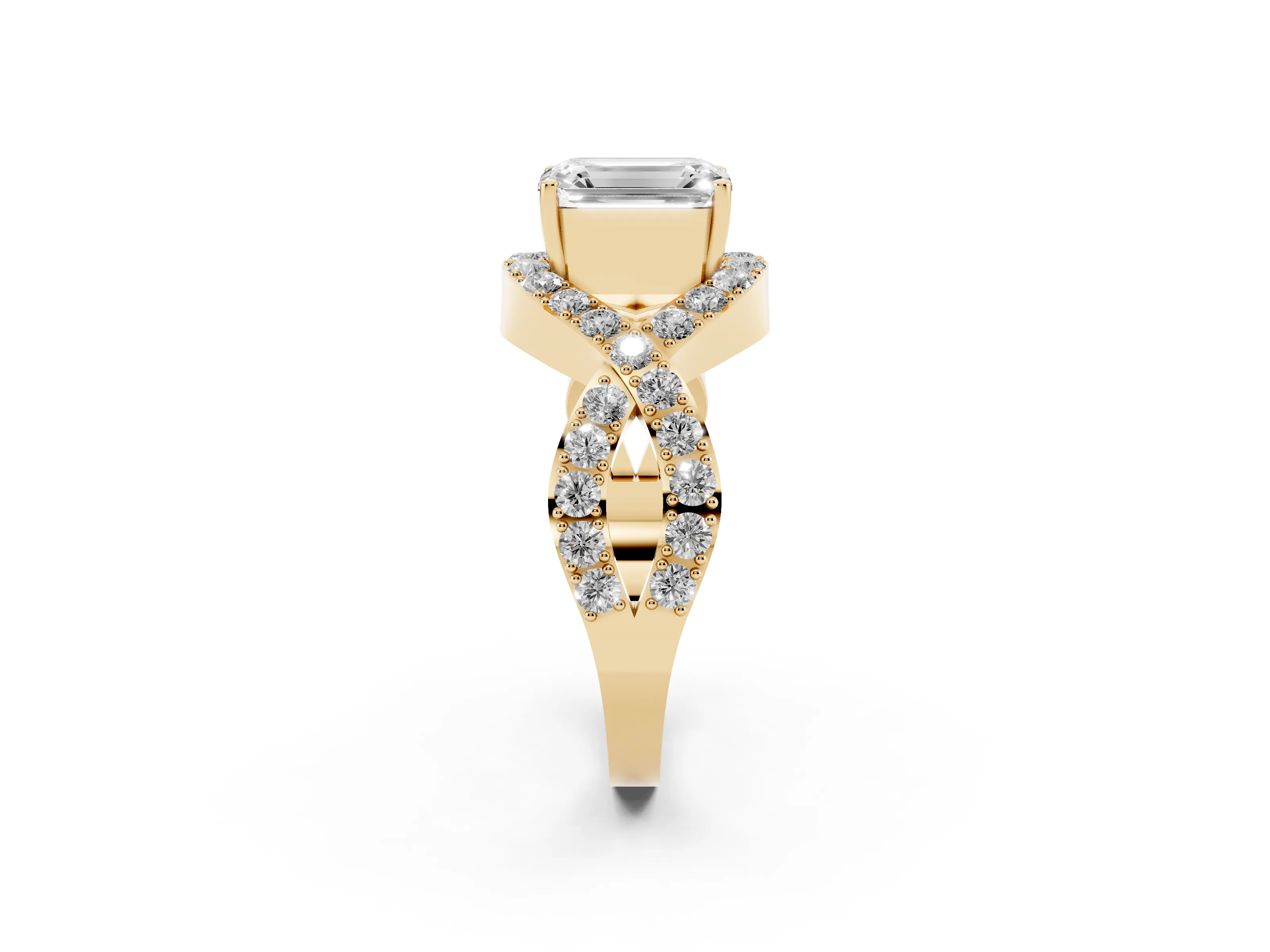 Emerald Cut Diamond Solitaire Twist Band Pavé Engagement Ring Set in Yellow gold