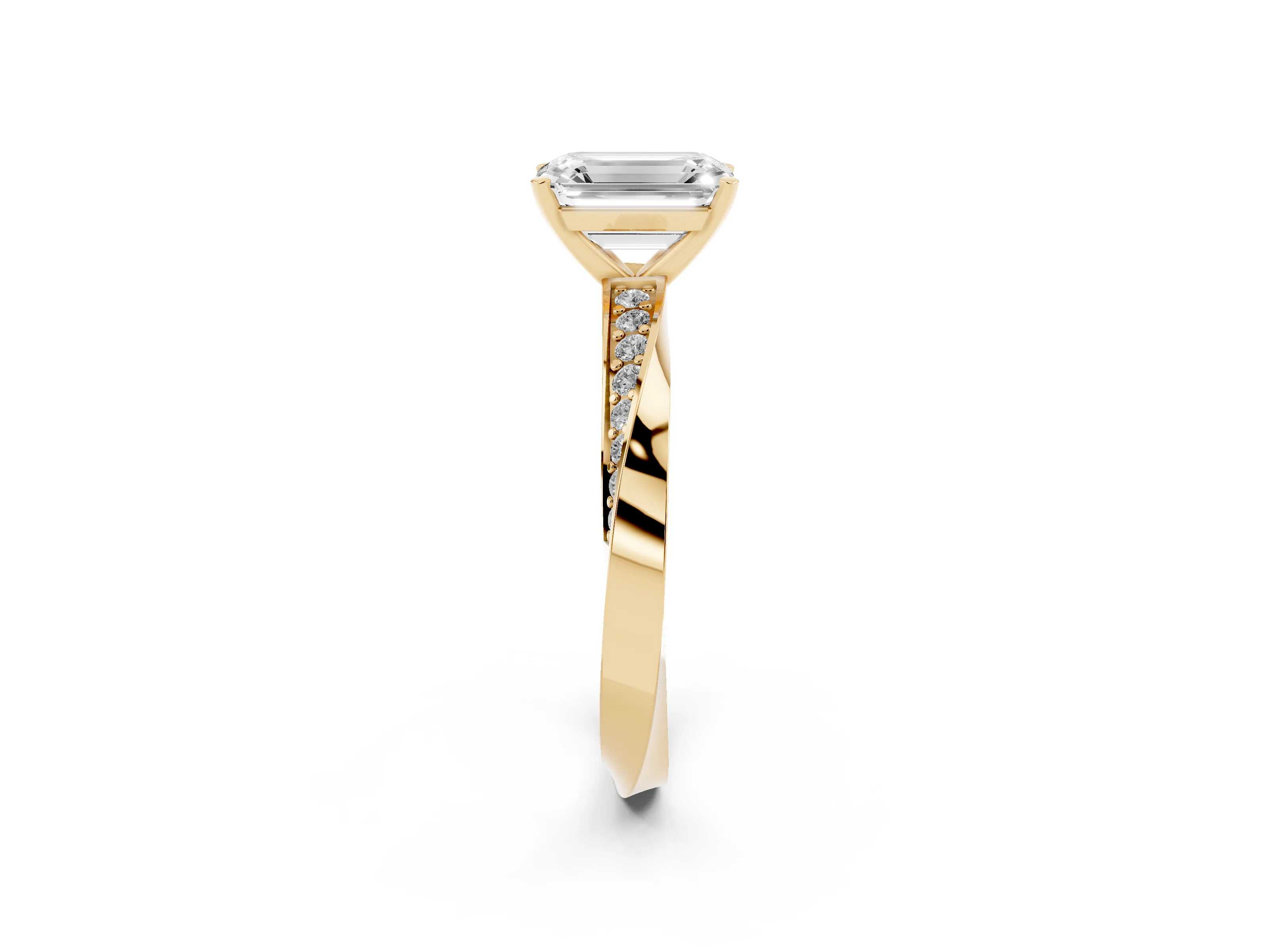 Emerald Cut Diamond Engagement Ring Set in Yellow gold with Side Stone Accents and Prong Setting