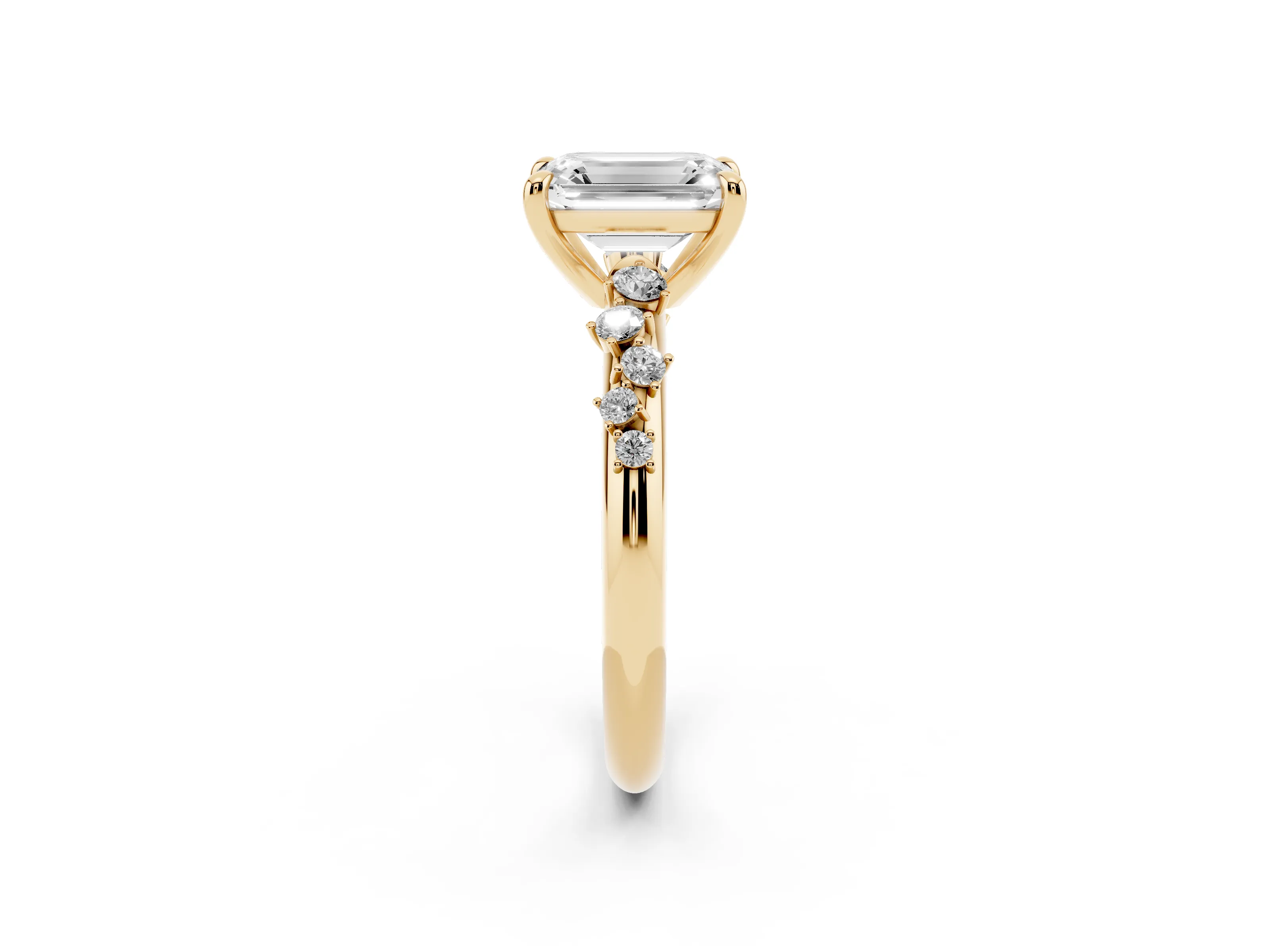 Emerald Cut Diamond Solitaire Vine Band Ring Set in Yellow gold with Round Accents and Prong Setting